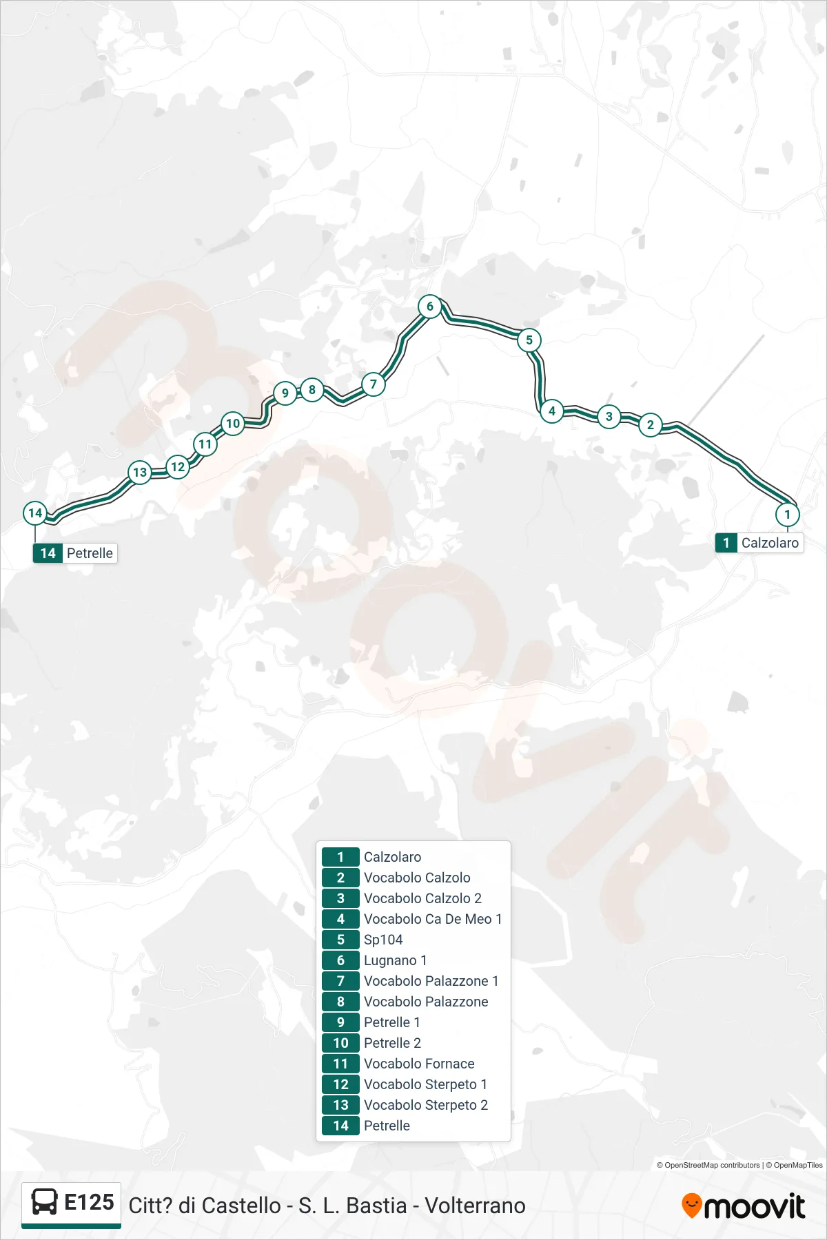 Linea E125  bus (Calzolaro‎→Petrelle) - Percorsi e fermate sulla mappa