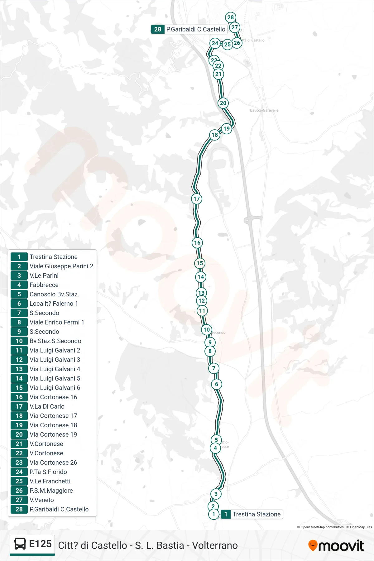 E125 bus Line (Trestina Station→Garibaldi Square Citta di Castello) route and stops on a map