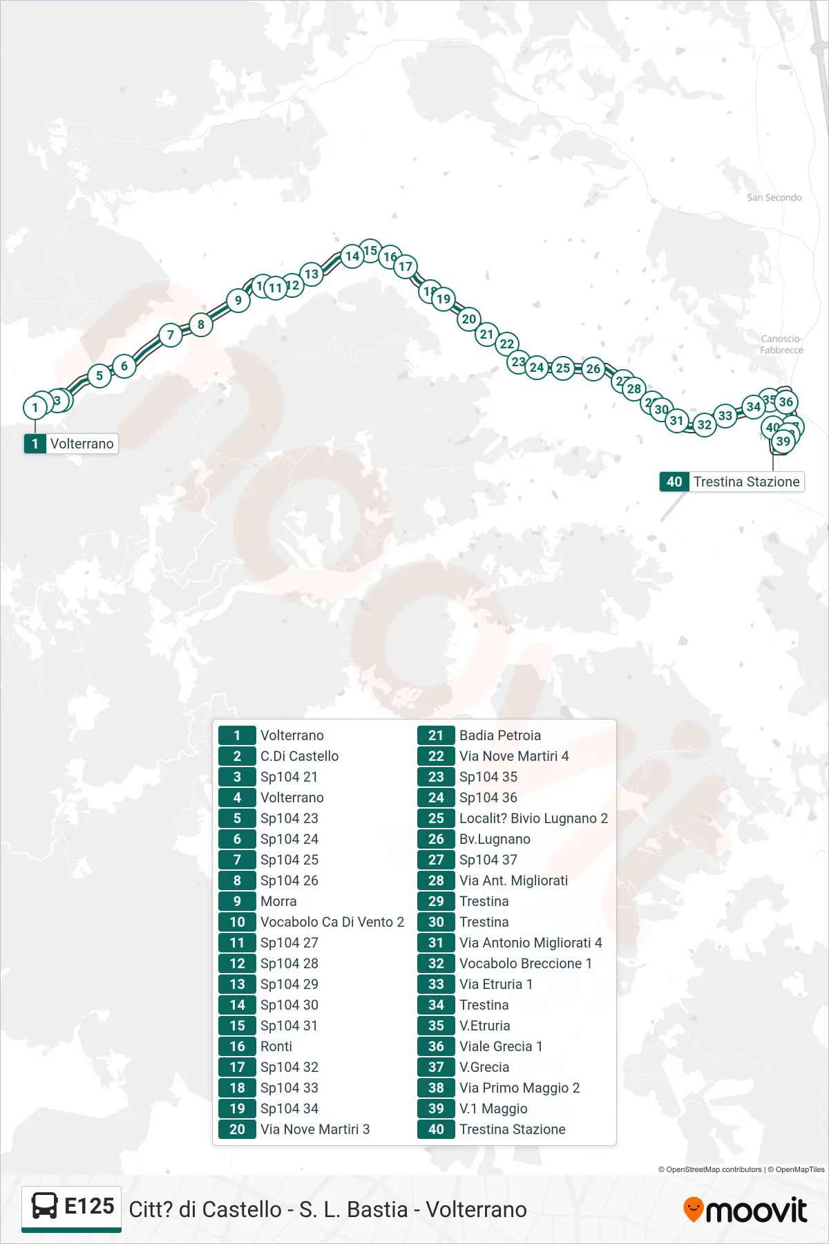 Linea E125 bus (Volterrano→Trestina Stazione) - Percorsi e fermate sulla mappa