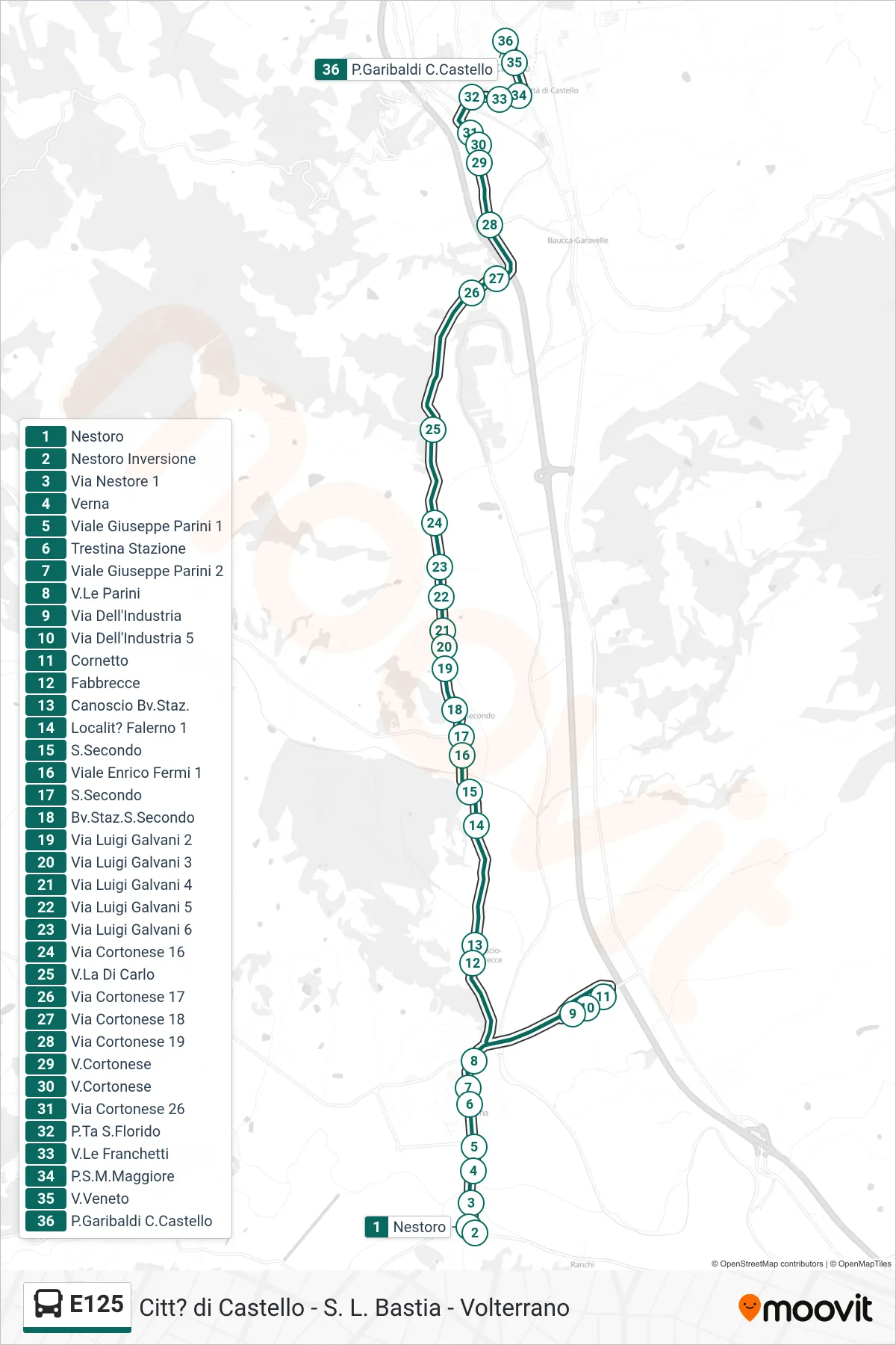 E125 bus Line (Nestoro→Garibaldi Square Citta di Castello) route and stops on a map