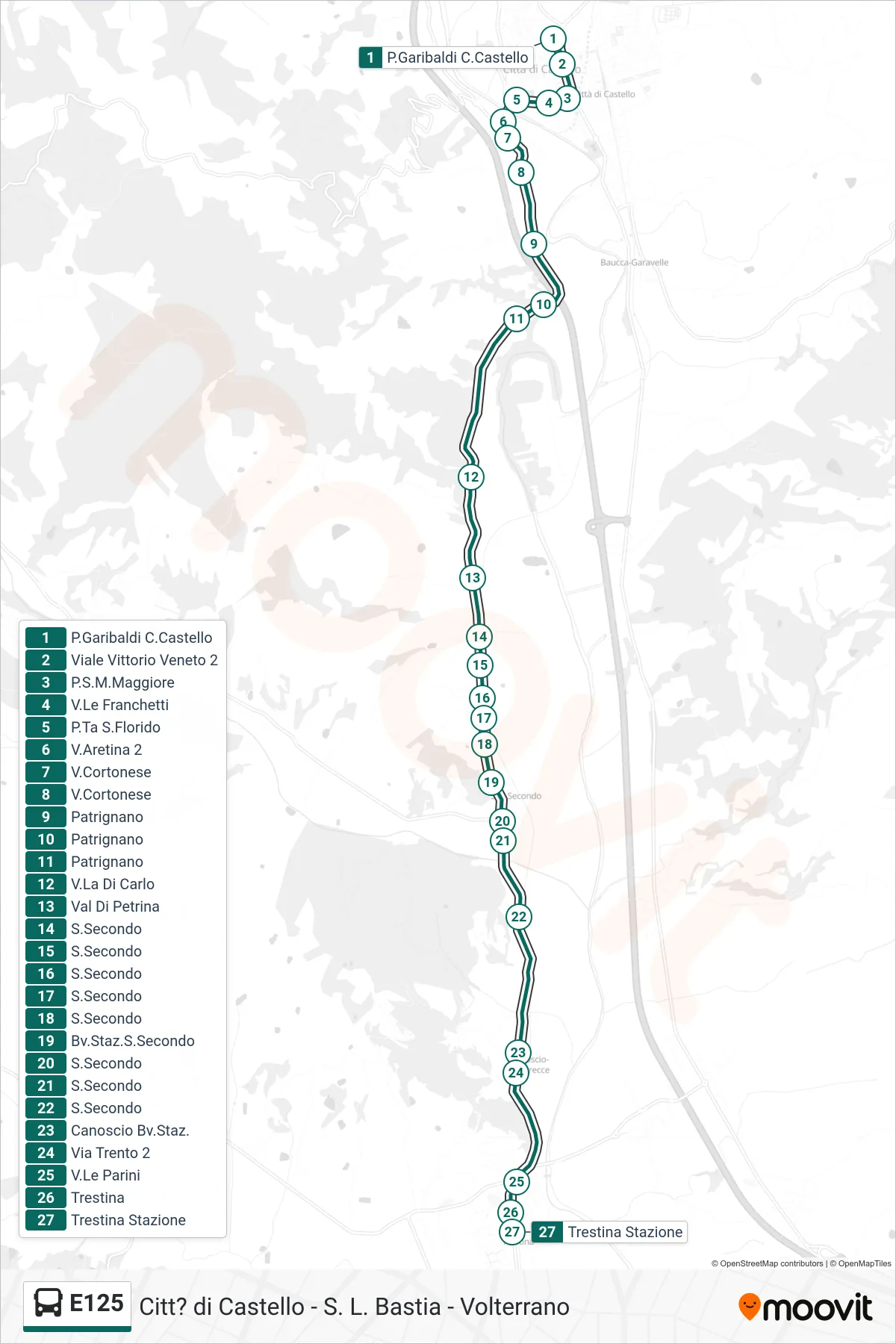 Linea E125 bus (P.Garibaldi C.Castello→Trestina Stazione) - Percorsi e fermate sulla mappa