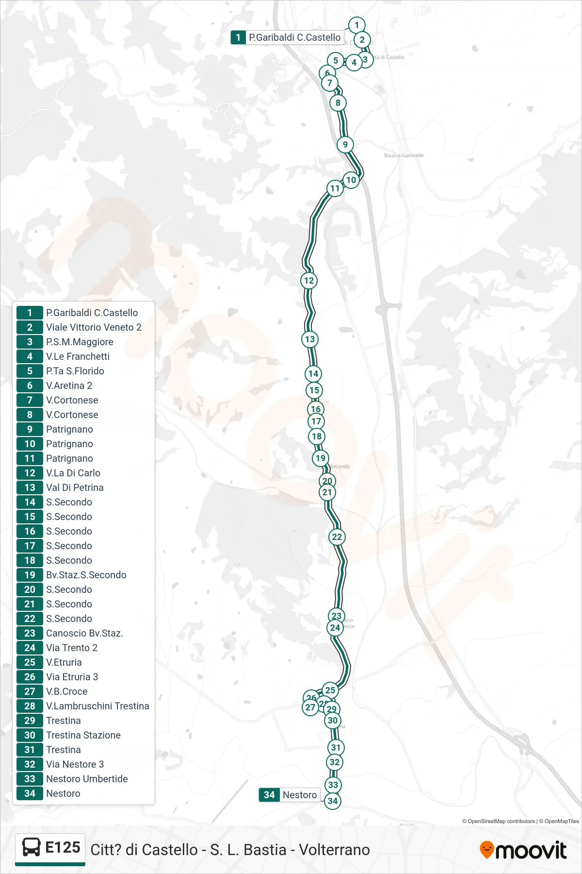 Linea E125 bus (P.Garibaldi C.Castello→Nestoro) - Percorsi e fermate sulla mappa
