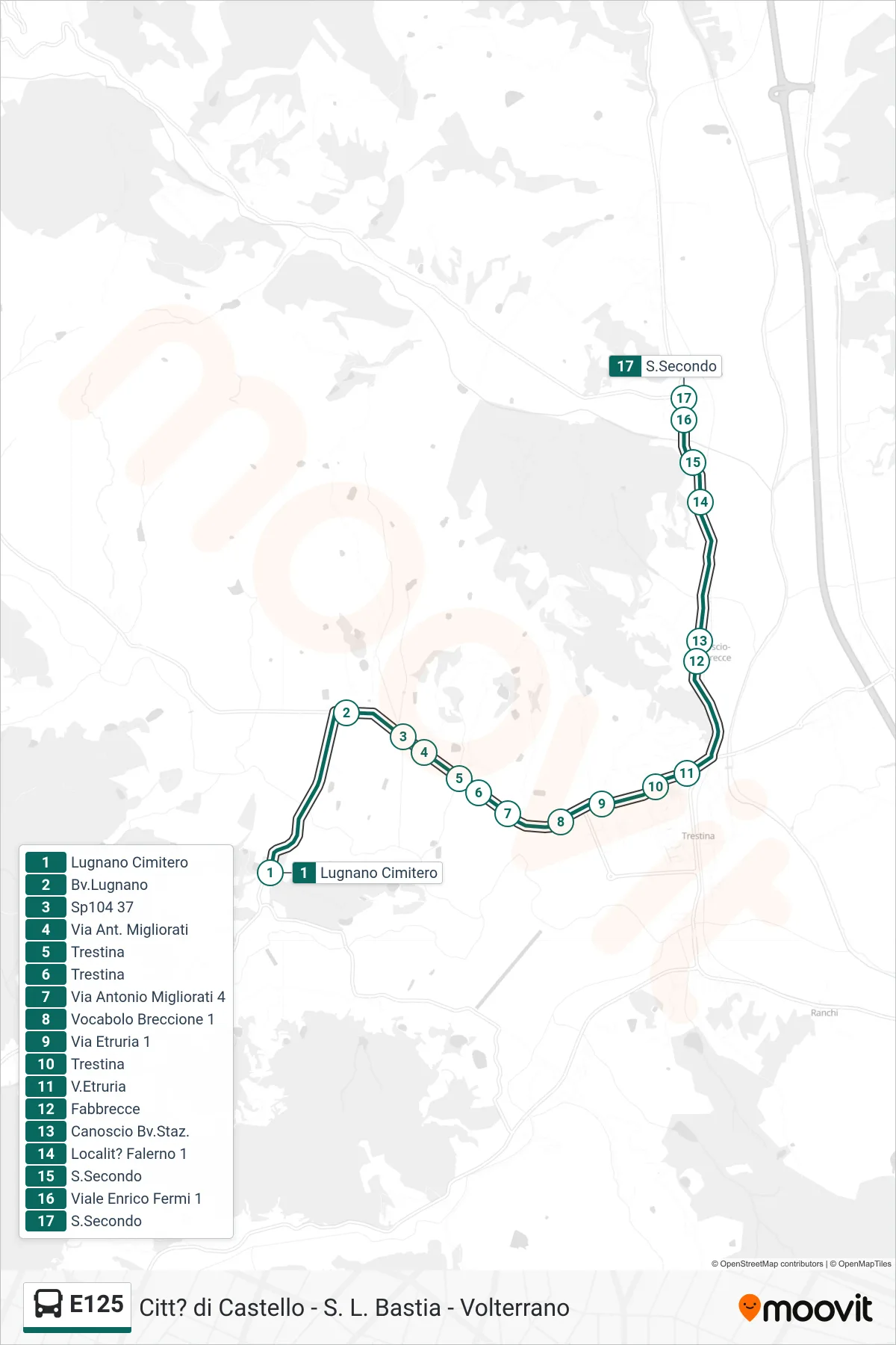 Linea E125 bus (Lugnano Cimitero→S.Secondo) - Percorsi e fermate sulla mappa