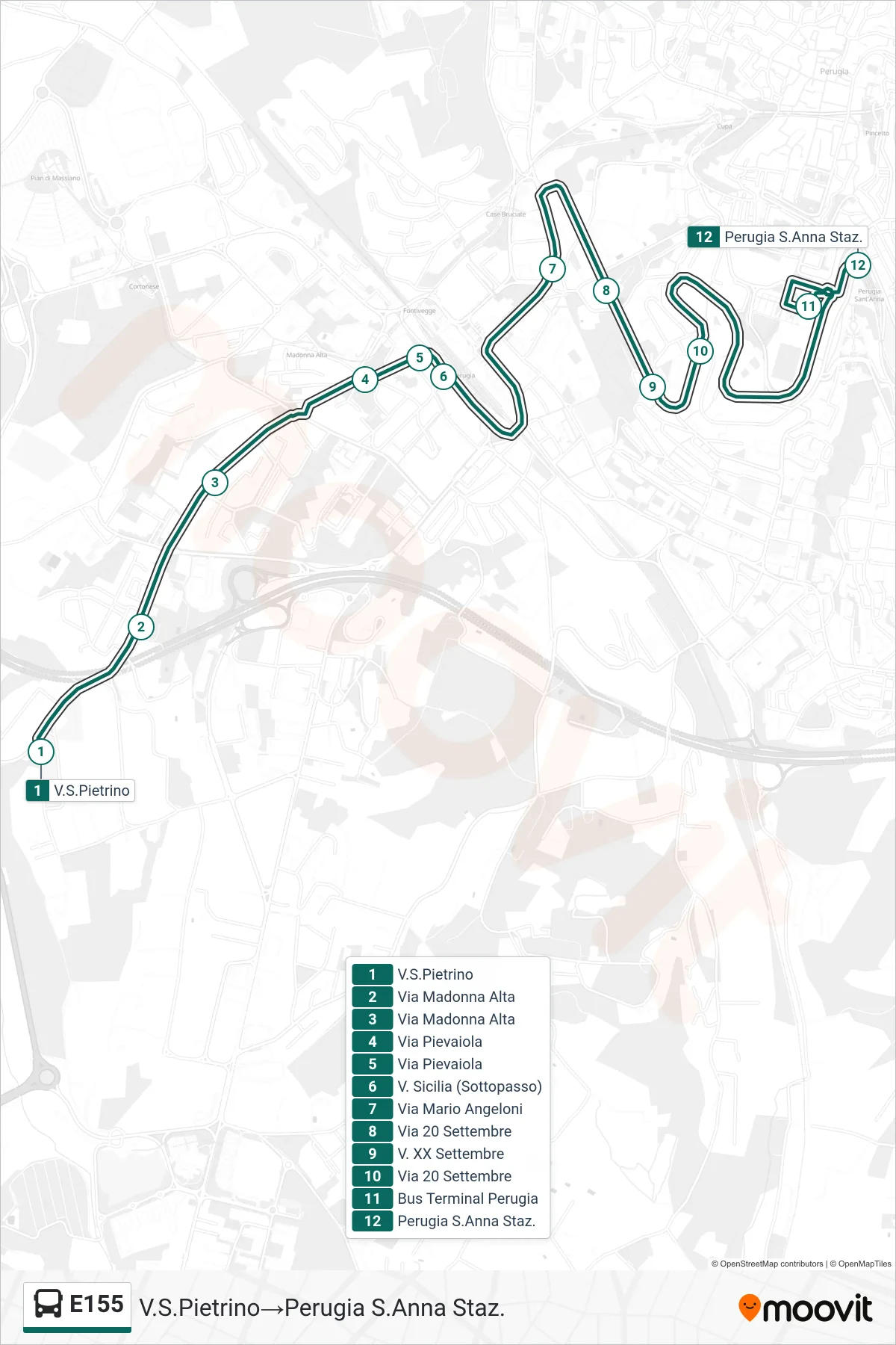 Linea E155 bus (V.S.Pietrino→Perugia S.Anna Staz.) - Percorsi e fermate sulla mappa