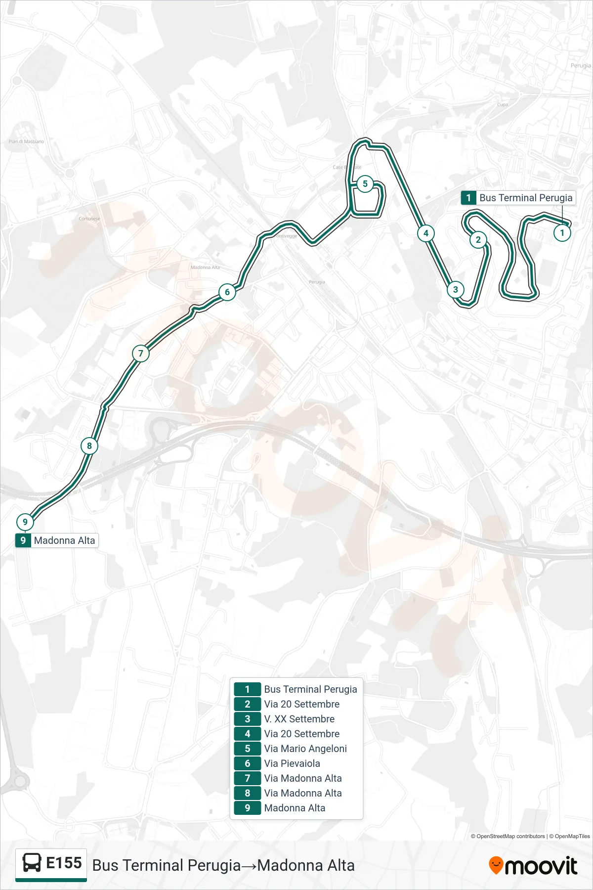 Linea E155 bus (Bus Terminal Perugia→Madonna Alta) - Percorsi e fermate sulla mappa