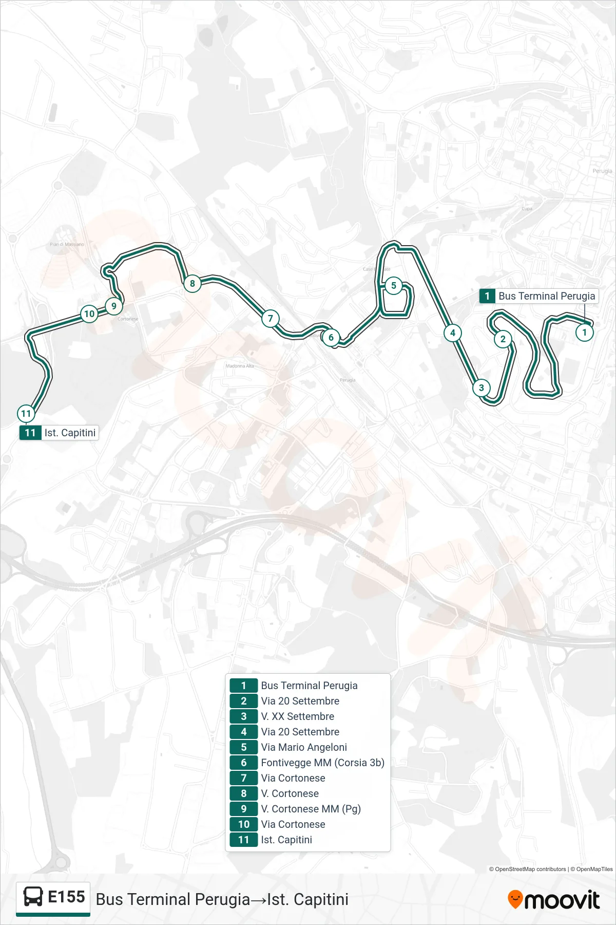 Linea E155 bus (Bus Terminal Perugia→Ist. Capitini) - Percorsi e fermate sulla mappa