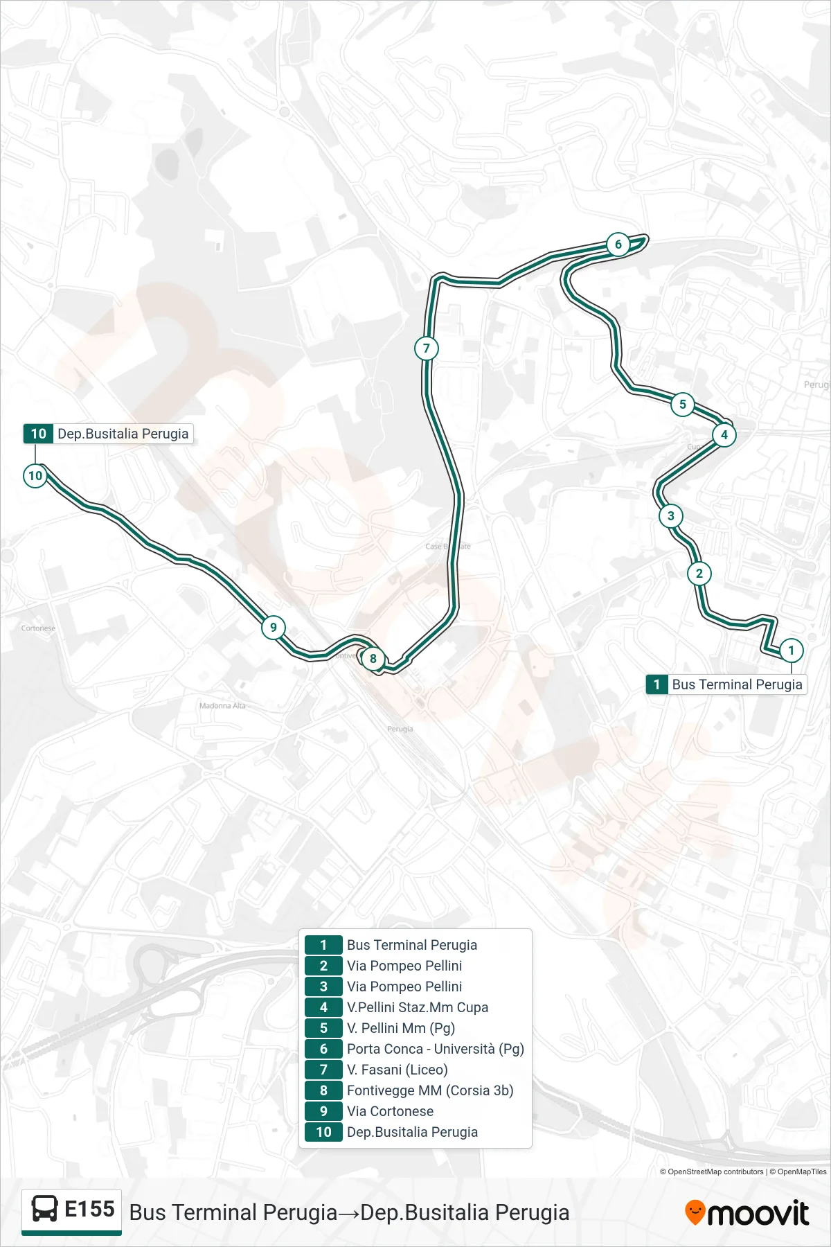 Linea E155 bus (Bus Terminal Perugia→Dep.Busitalia Perugia) - Percorsi e fermate sulla mappa