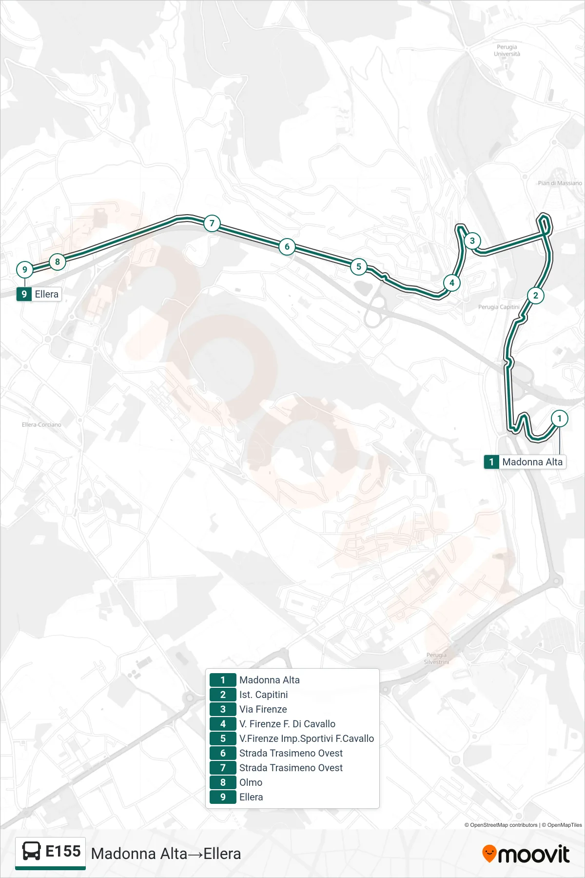 E155 bus Line (Madonna Alta‎→Ellera) route and stops on a map