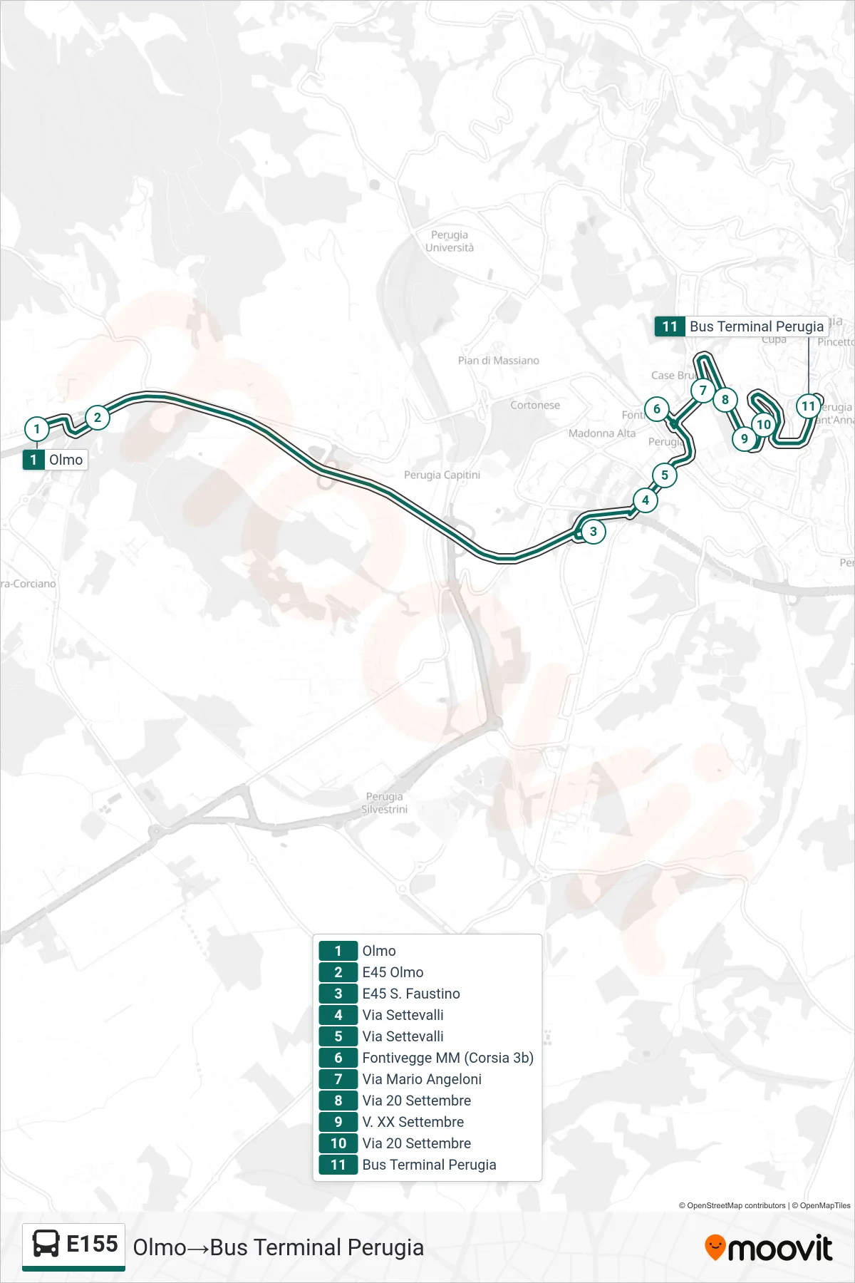 E155 bus Line (Olmo‎→Perugia Bus Terminal) route and stops on a map