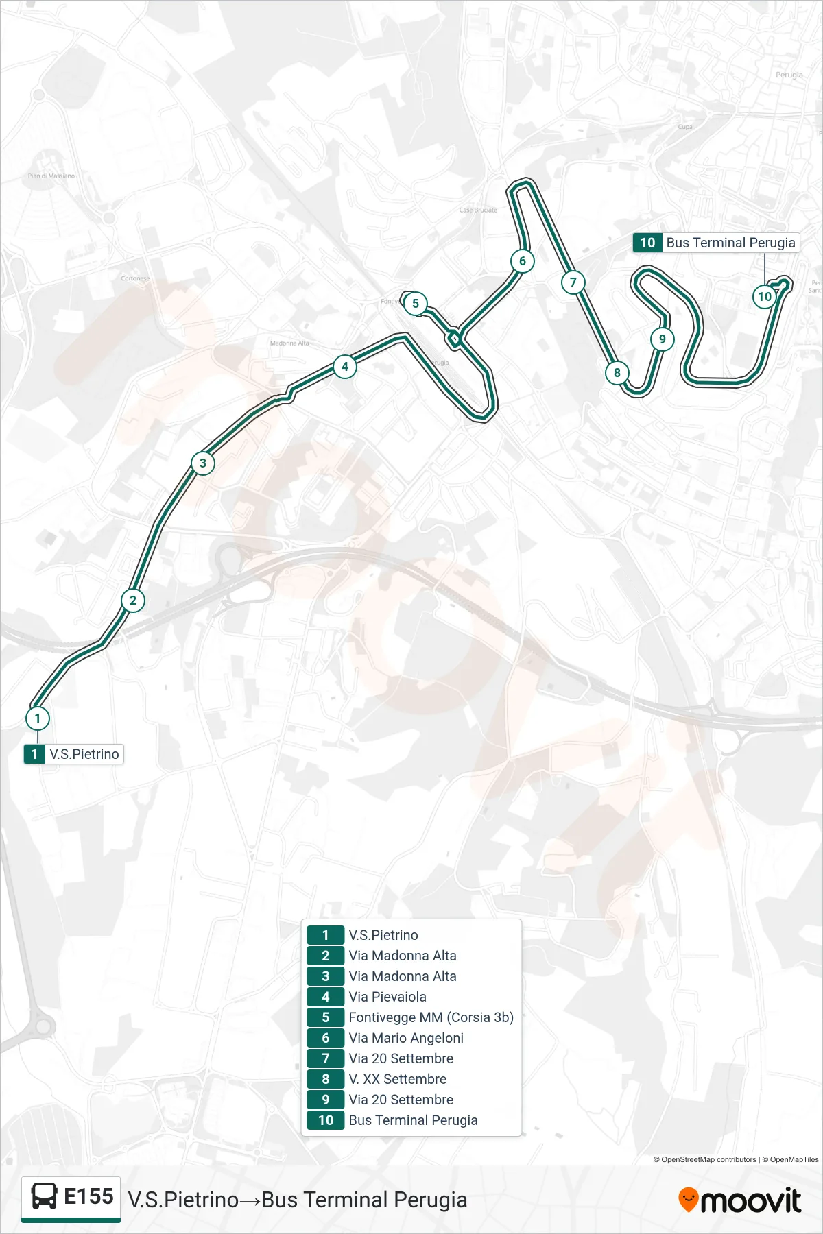 Linea E155  bus (V.S.Pietrino‎→Bus Terminal Perugia) - Percorsi e fermate sulla mappa