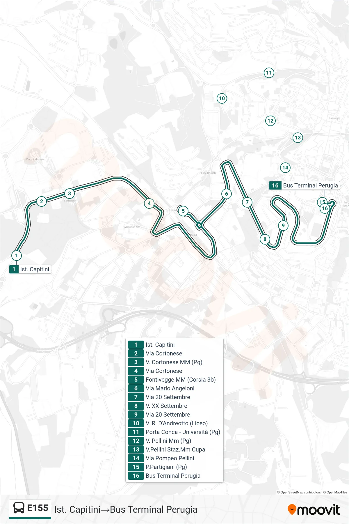 Linea E155 bus (Ist. Capitini→Bus Terminal Perugia) - Percorsi e fermate sulla mappa