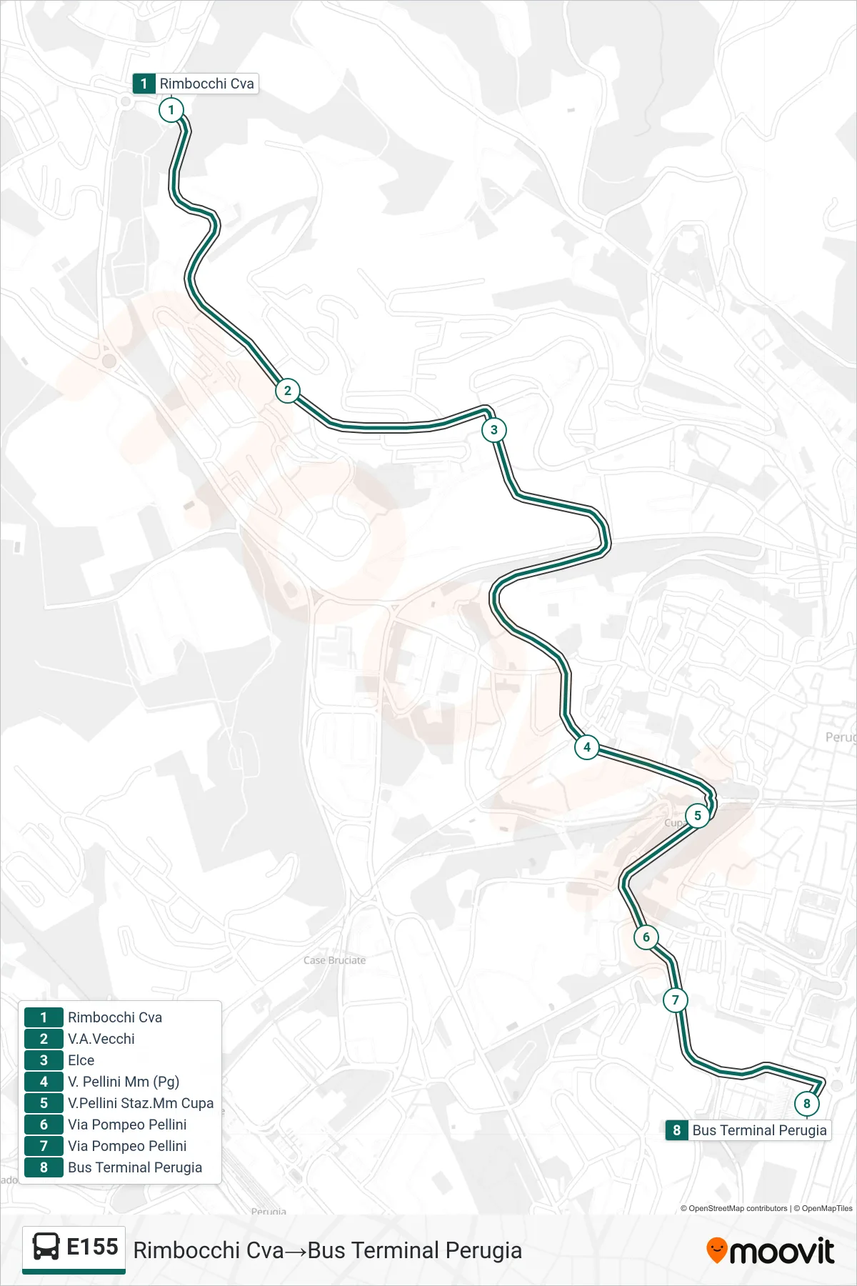 Linea E155 bus (Rimbocchi Cva→Bus Terminal Perugia) - Percorsi e fermate sulla mappa
