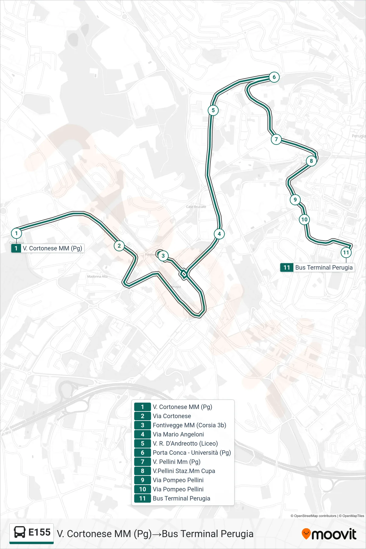 Linea E155 bus (V. Cortonese MM (Pg)→Bus Terminal Perugia) - Percorsi e fermate sulla mappa