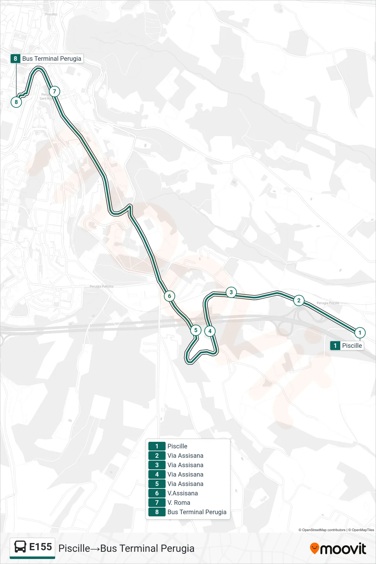 E155 bus Line (Piscille‎→Perugia Bus Terminal) route and stops on a map