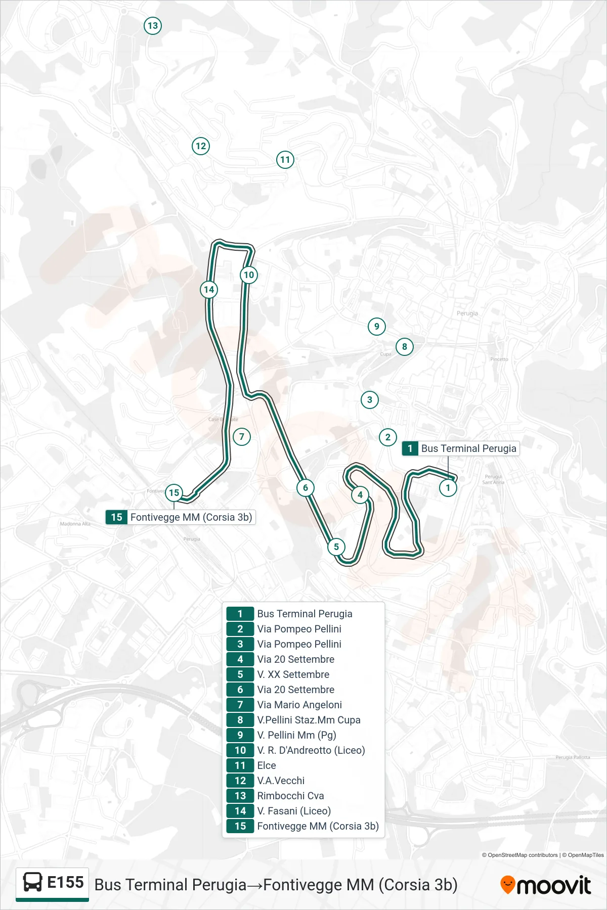 Linea E155  bus (Bus Terminal Perugia‎→Fontivegge M​M (Corsia 3b)) - Percorsi e fermate sulla mappa