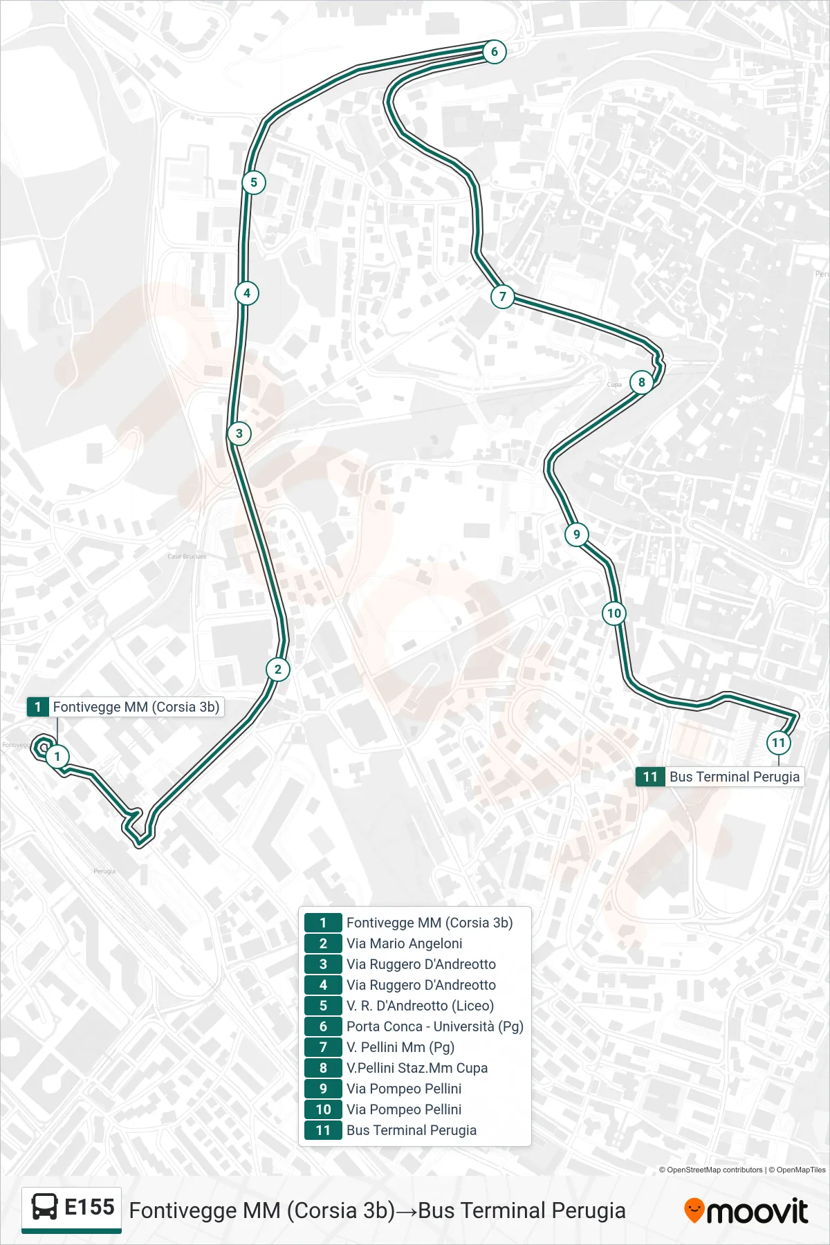 Linea E155  bus (Fontivegge M​M (Corsia 3b)‎→Bus Terminal Perugia) - Percorsi e fermate sulla mappa