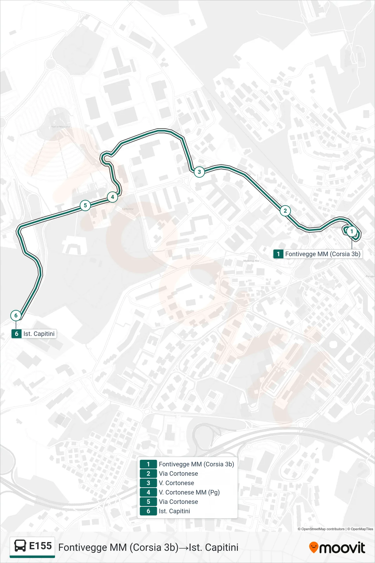 Linea E155 bus (Fontivegge MM (Corsia 3b)→Ist. Capitini) - Percorsi e fermate sulla mappa