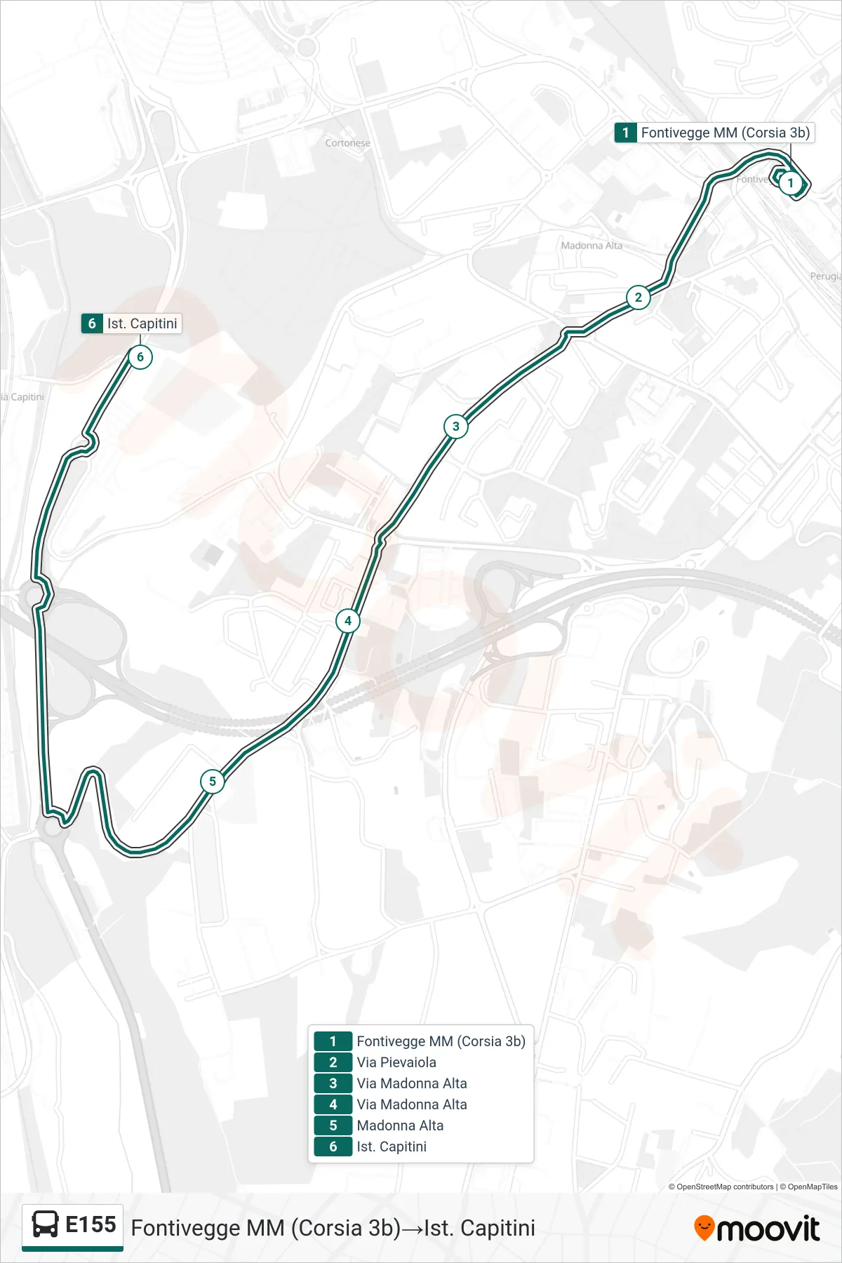 Linea E155 bus (Fontivegge MM (Corsia 3b)→Ist. Capitini) - Percorsi e fermate sulla mappa