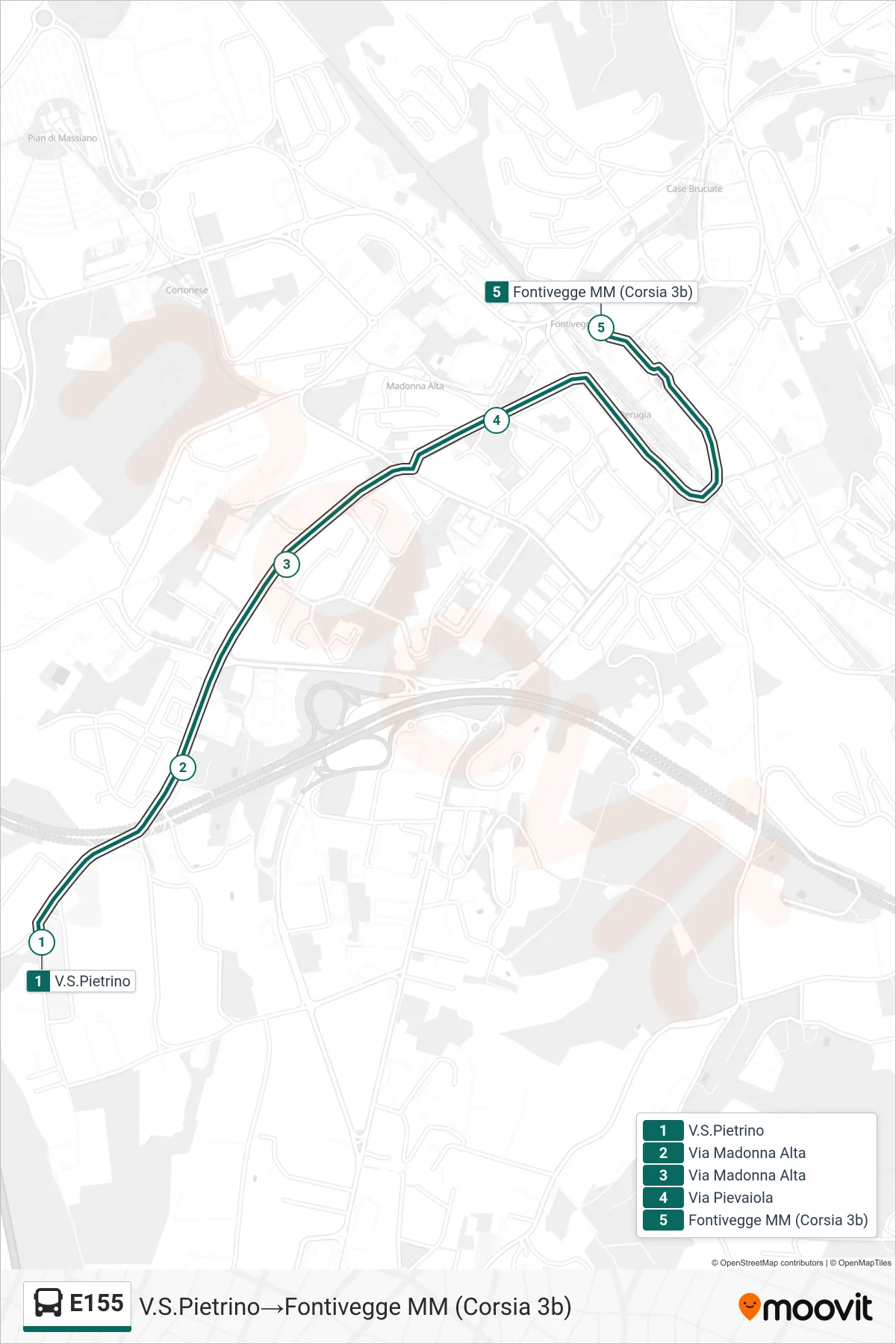 Linea E155 bus (V.S.Pietrino→Fontivegge MM (Corsia 3b)) - Percorsi e fermate sulla mappa