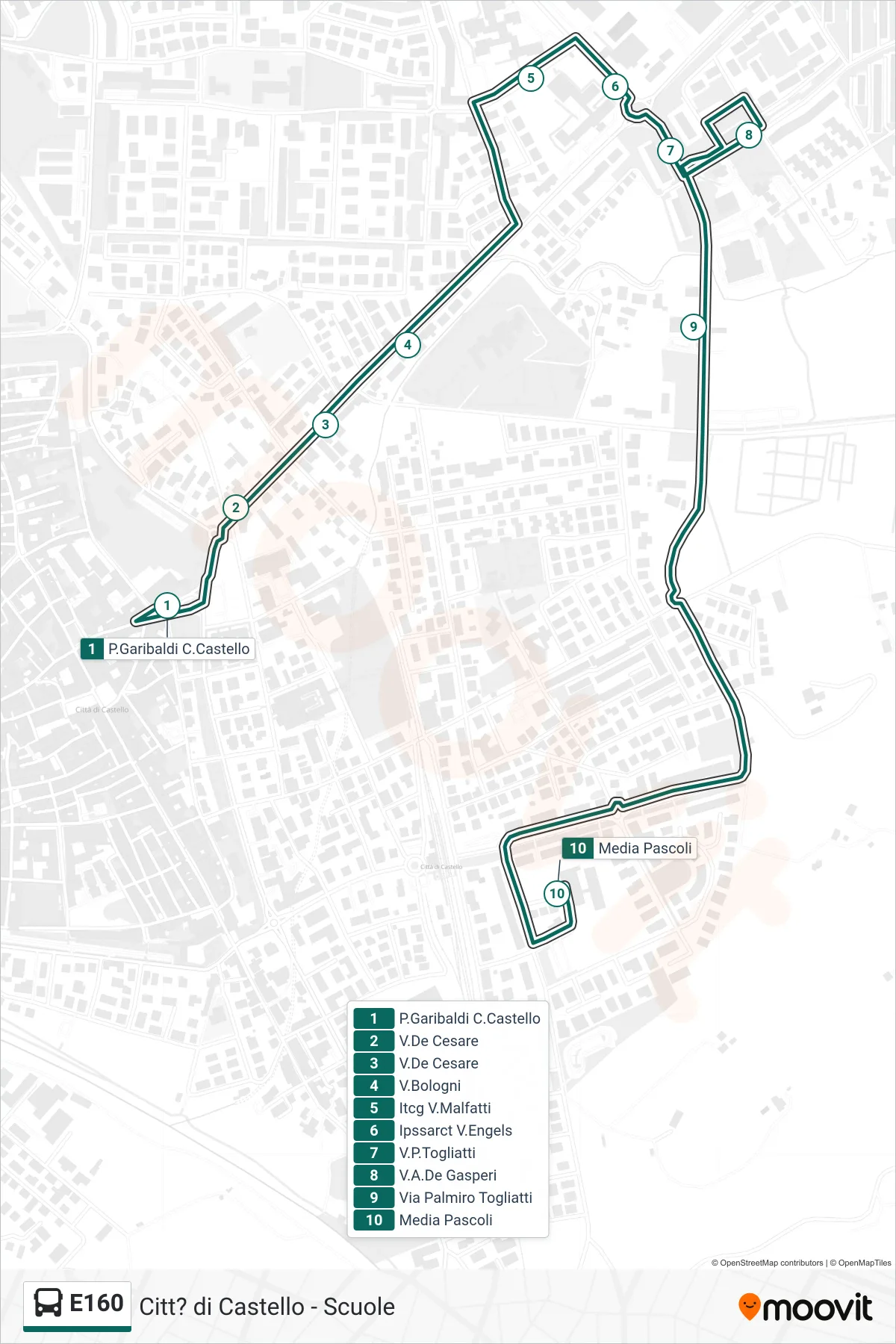 Linea E160  bus (P.Garibaldi C.Castello‎→Media Pascoli) - Percorsi e fermate sulla mappa