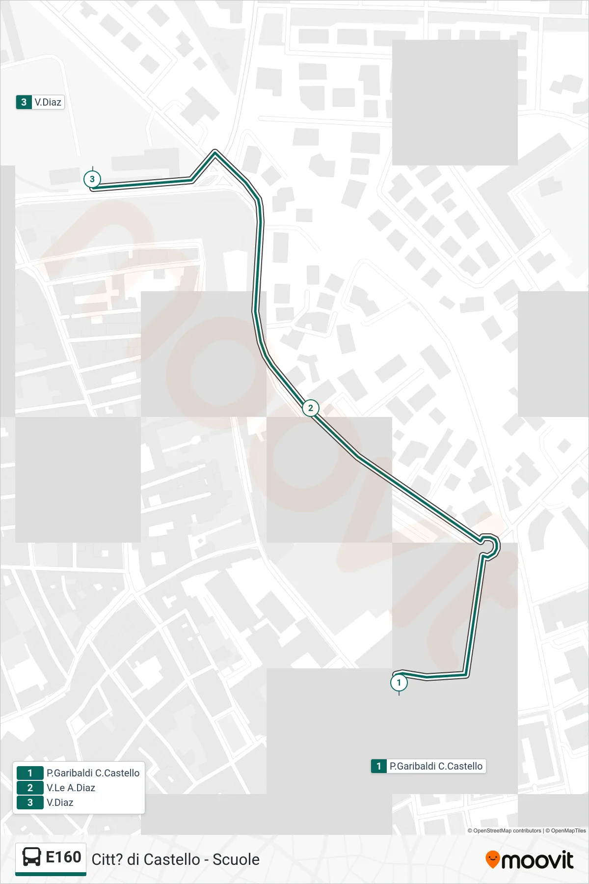 E160 bus Line (Garibaldi Square Citta di Castello→Via Diaz) route and stops on a map