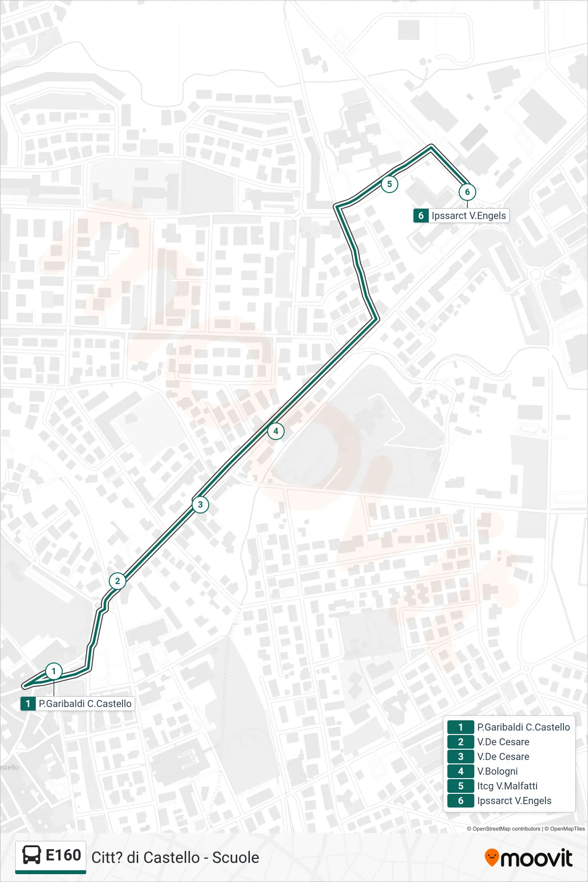 E160 bus Line (Garibaldi Square Citta di Castello→IPSSARCT Via Engels) route and stops on a map
