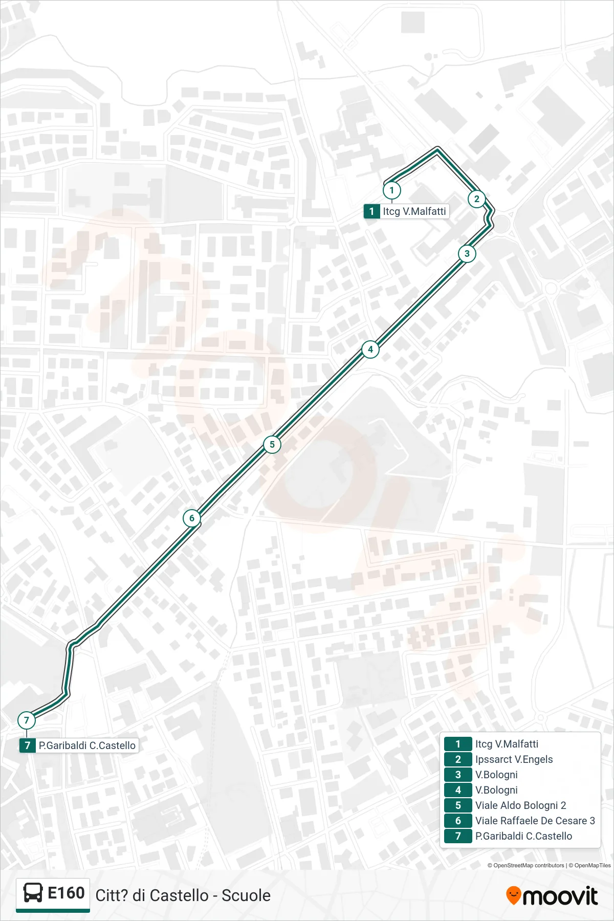 Linea E160 bus (Itcg V.Malfatti→P.Garibaldi C.Castello) - Percorsi e fermate sulla mappa