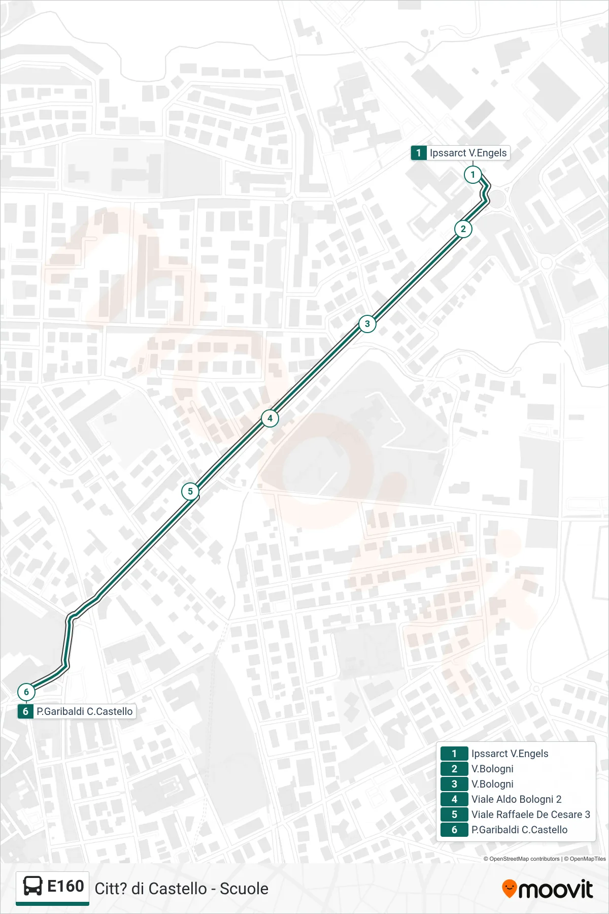 E160 bus Line (IPSSARCT Via Engels‎→Garibaldi Square Citta di Castello) route and stops on a map