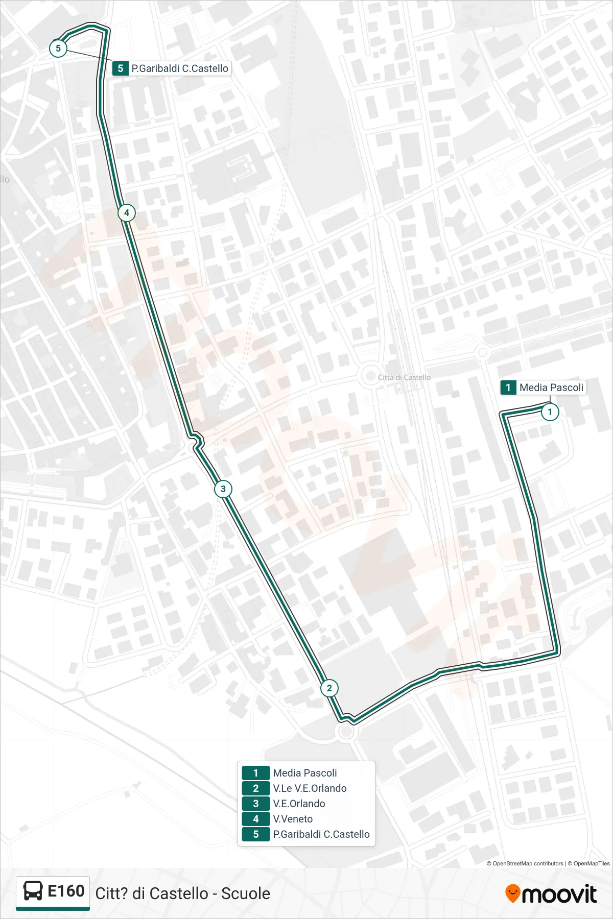 E160 bus Line (Media Pascoli→Garibaldi Square Citta di Castello) route and stops on a map