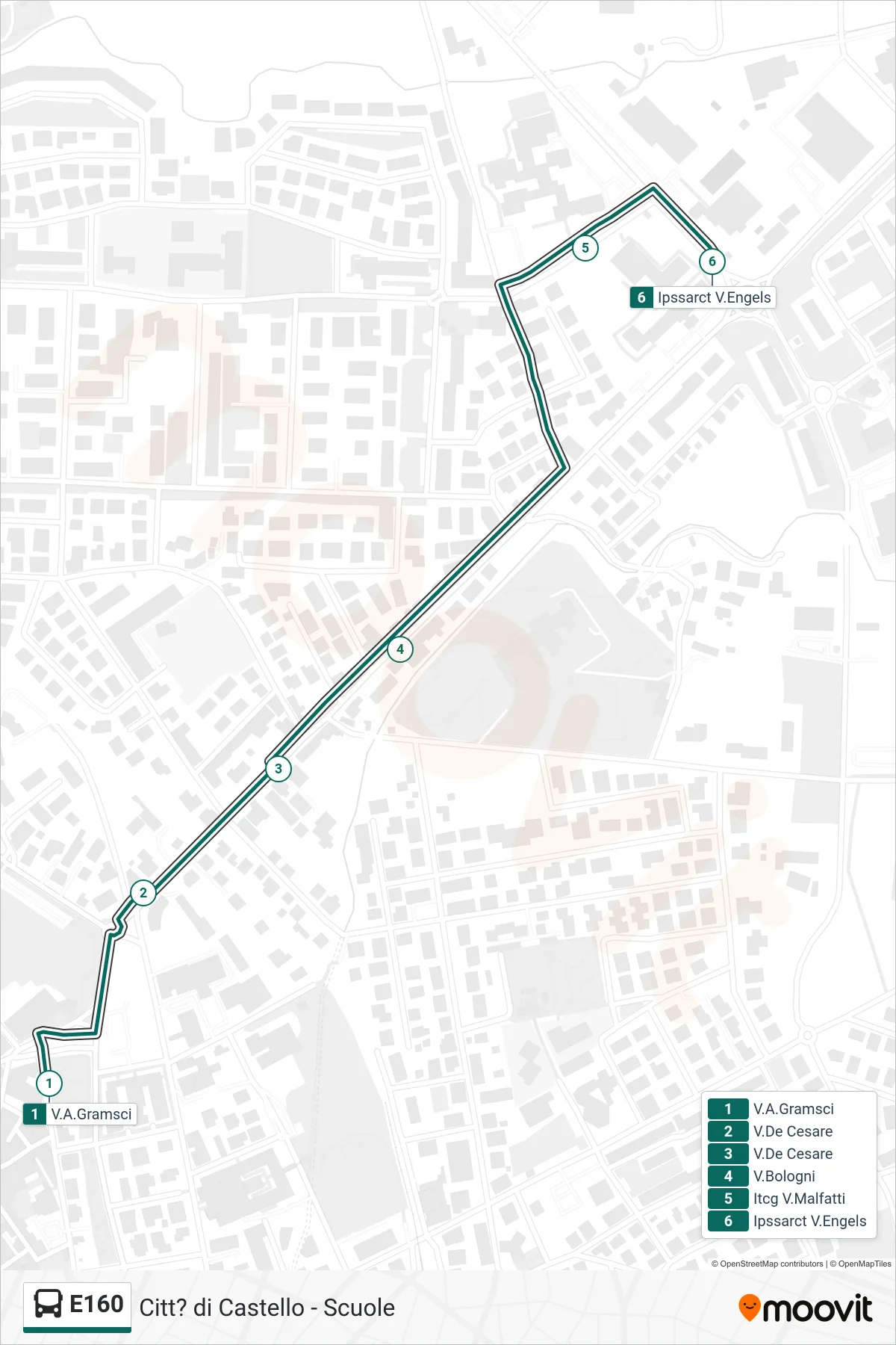 Linea E160 bus (V.A.Gramsci→Ipssarct V.Engels) - Percorsi e fermate sulla mappa