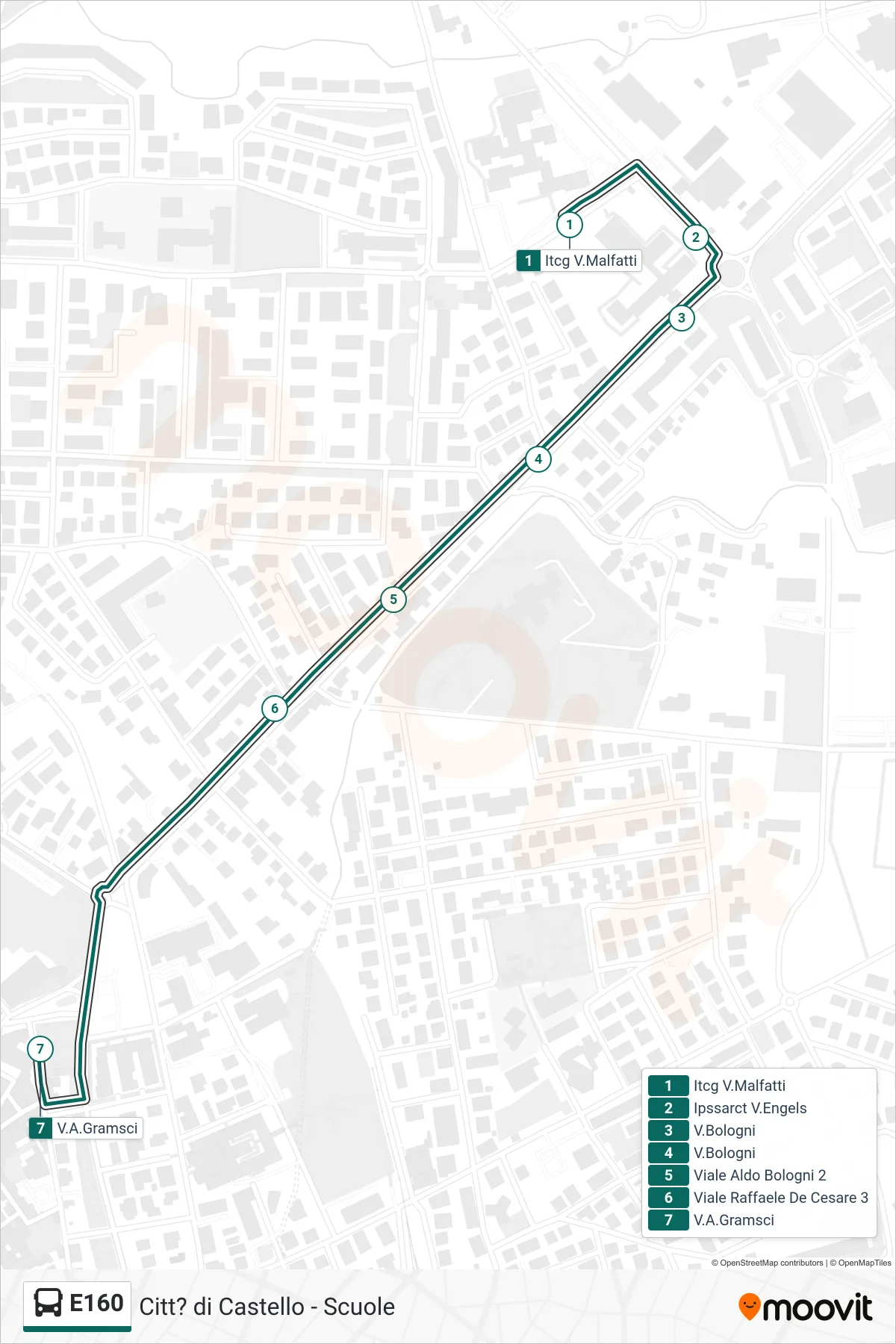 E160 bus Line (Malfatti Technical Institute→Gramsci Street) route and stops on a map