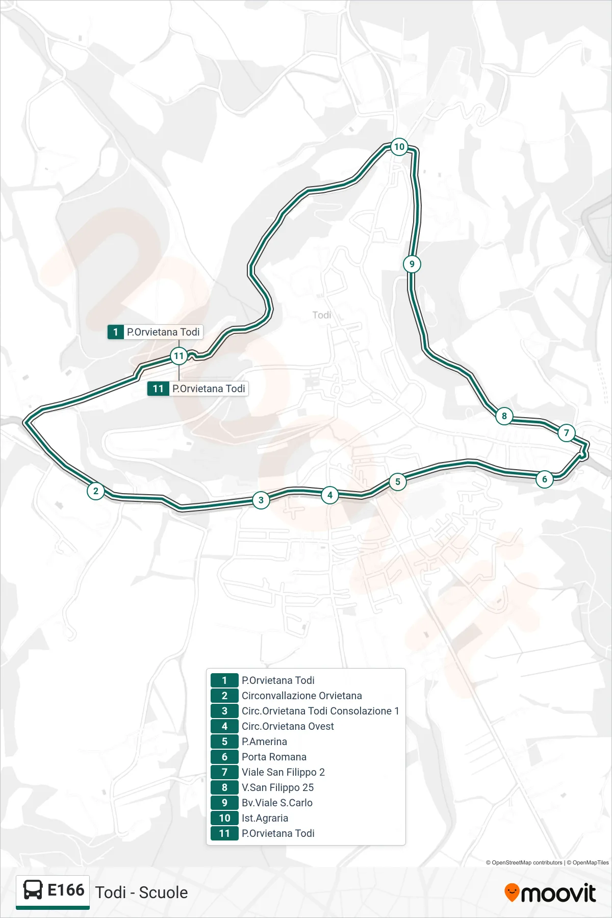 Linea E166  bus (P.Orvietana Todi‎→P.Orvietana Todi) - Percorsi e fermate sulla mappa