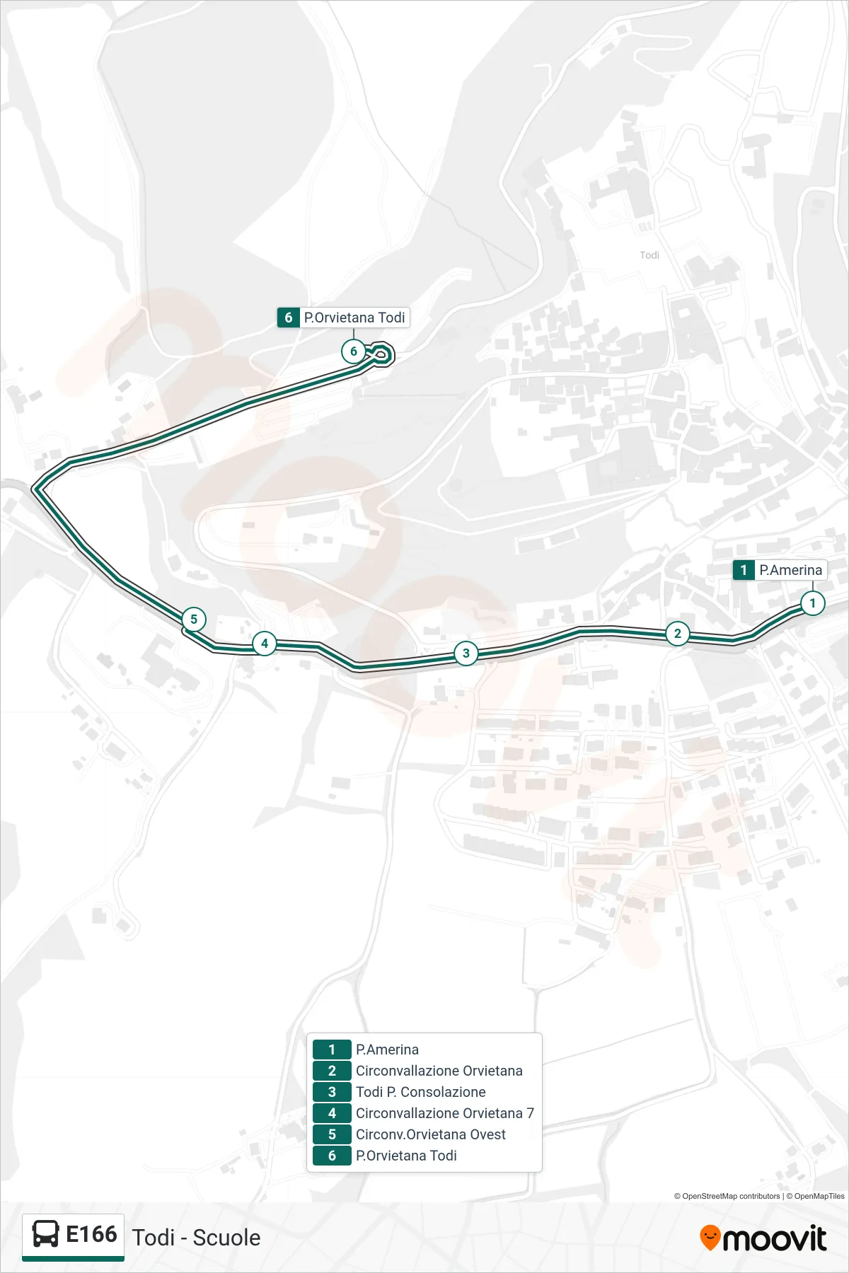 E166 bus Line (Via Amerina→Orvieto Gate Todi) route and stops on a map