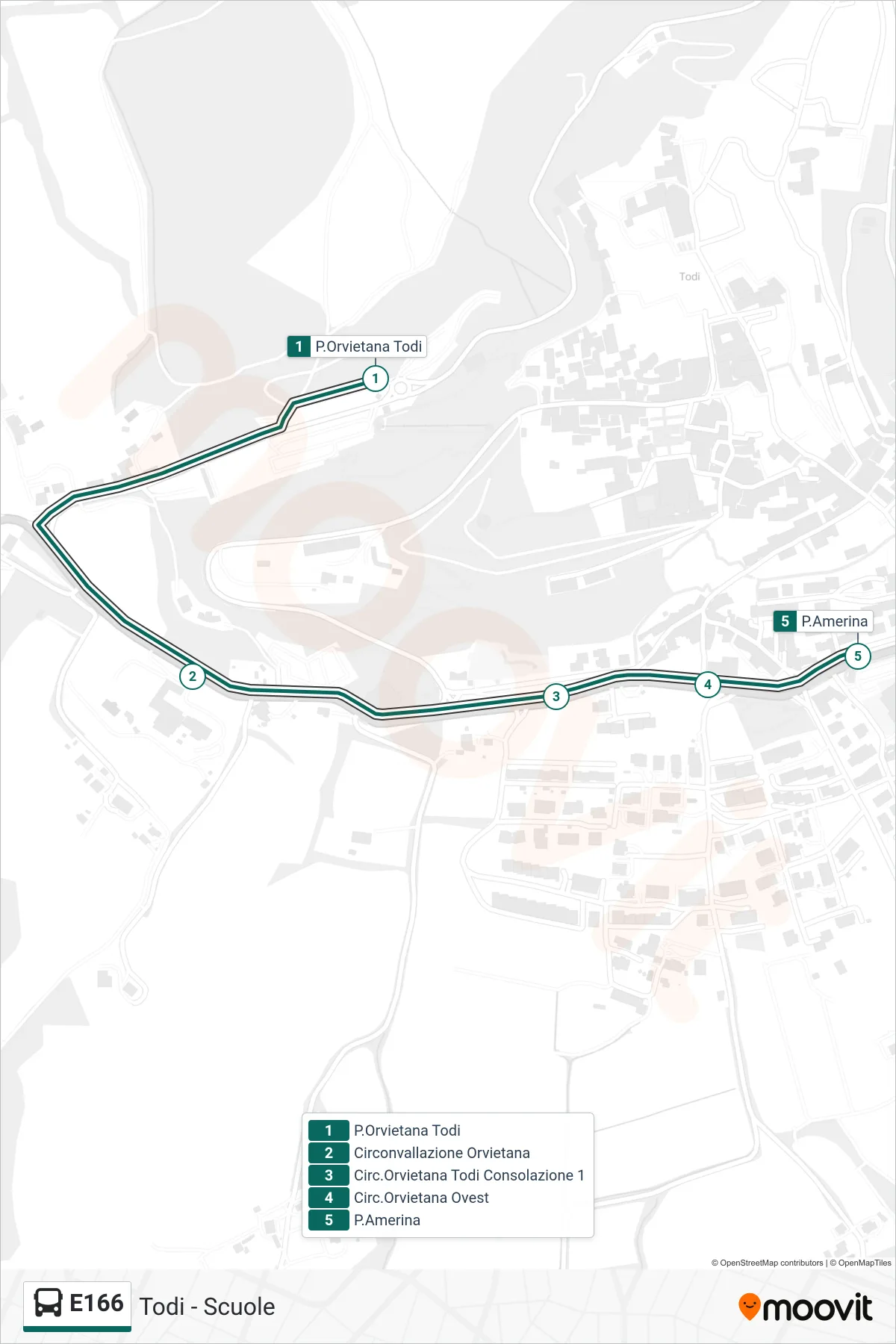 Linea E166 bus (P.Orvietana Todi→P.Amerina) - Percorsi e fermate sulla mappa