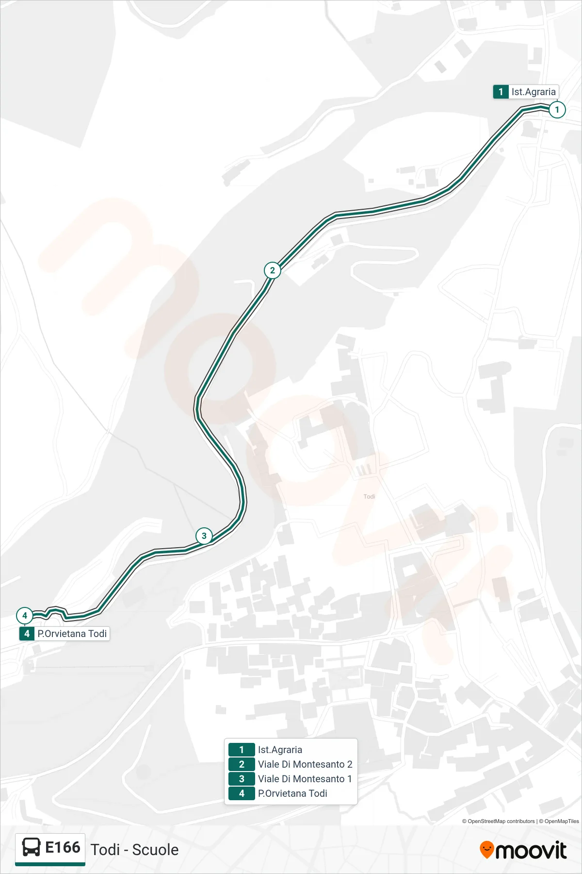 Linea E166 bus (Ist.Agraria→P.Orvietana Todi) - Percorsi e fermate sulla mappa