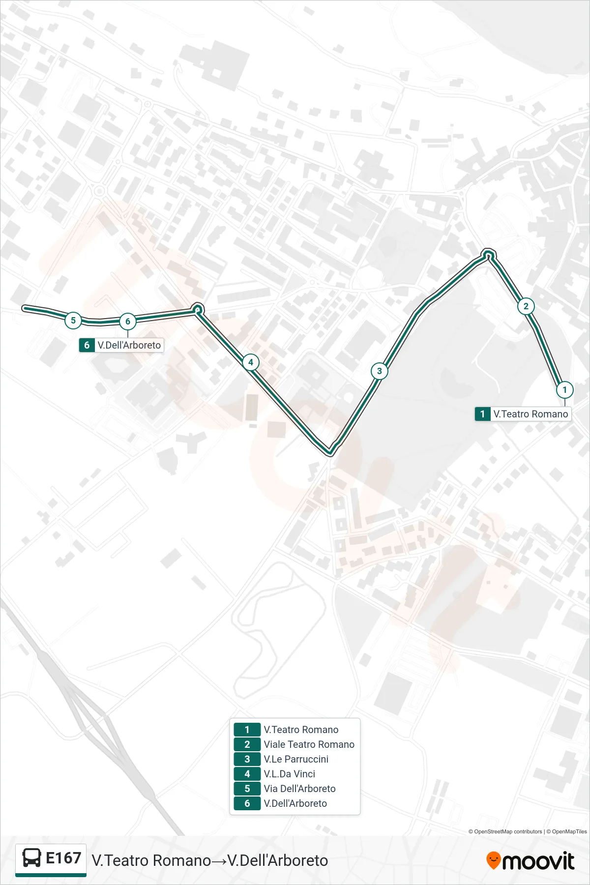 Linea E167  bus (V.Teatro Romano‎→V.Dell'Arboreto) - Percorsi e fermate sulla mappa