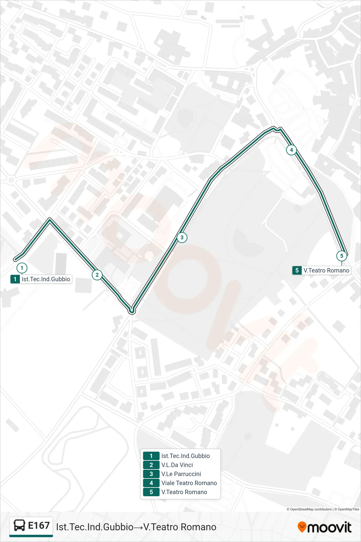 Linea E167 bus (Ist.Tec.Ind.Gubbio→V.Teatro Romano) - Percorsi e fermate sulla mappa