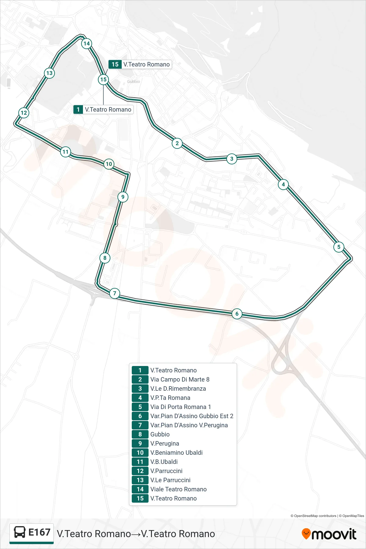 Linea E167  bus (V.Teatro Romano‎→V.Teatro Romano) - Percorsi e fermate sulla mappa