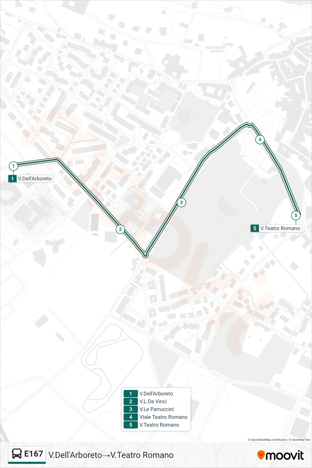 Linea E167  bus (V.Dell'Arboreto‎→V.Teatro Romano) - Percorsi e fermate sulla mappa