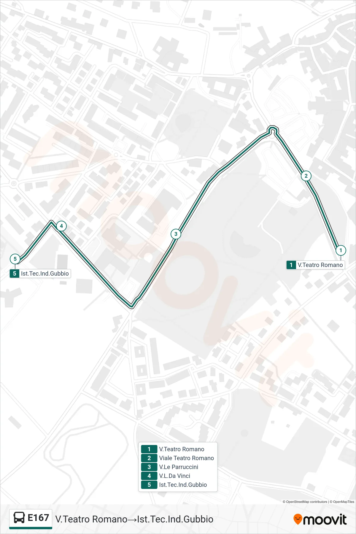 E167 bus Line (Via Teatro Romano→Technical Institute Gubbio) route and stops on a map