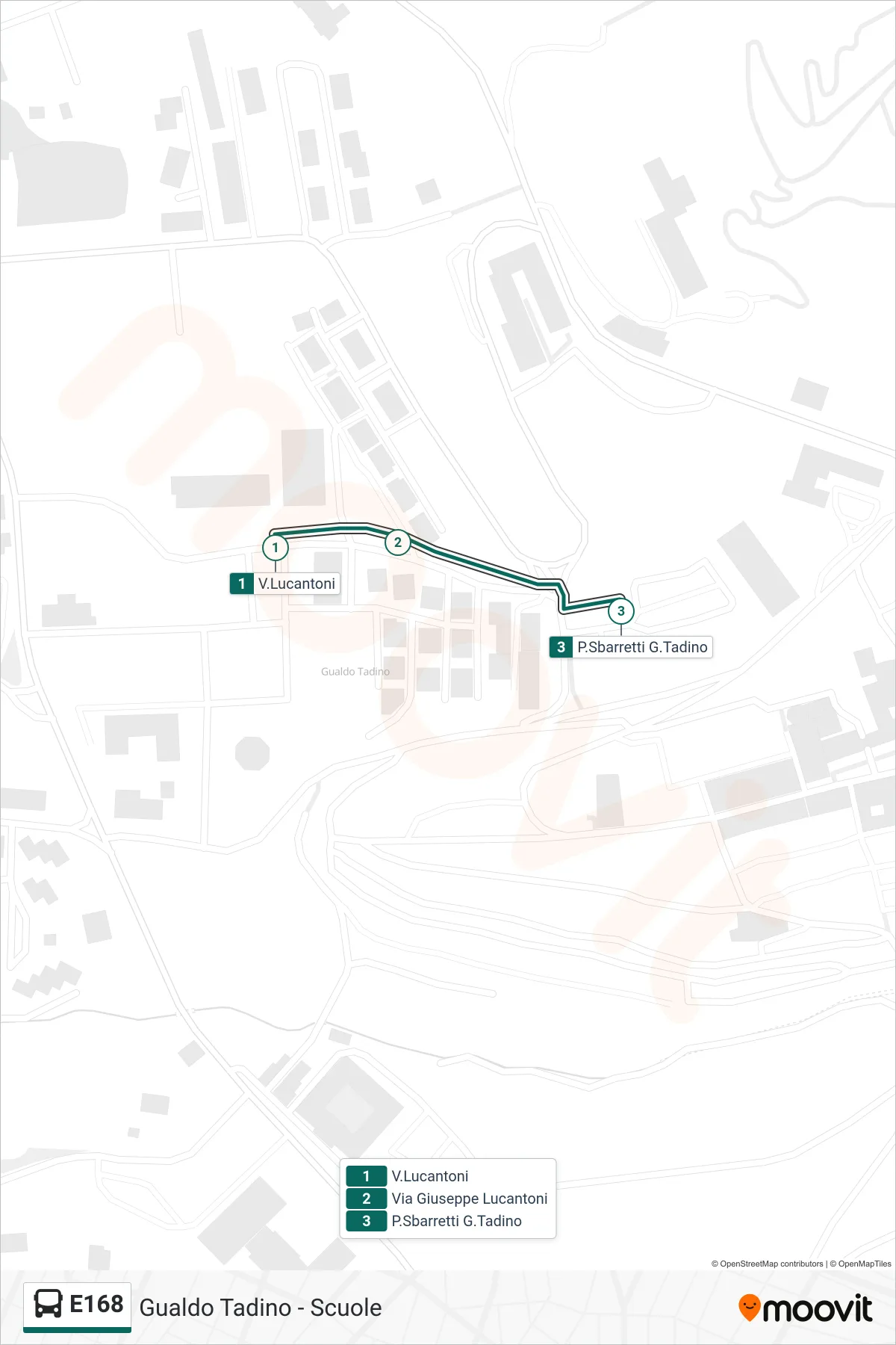 E168 bus Line (Lucantoni Street→P.Sbarretti G.Tadino) route and stops on a map