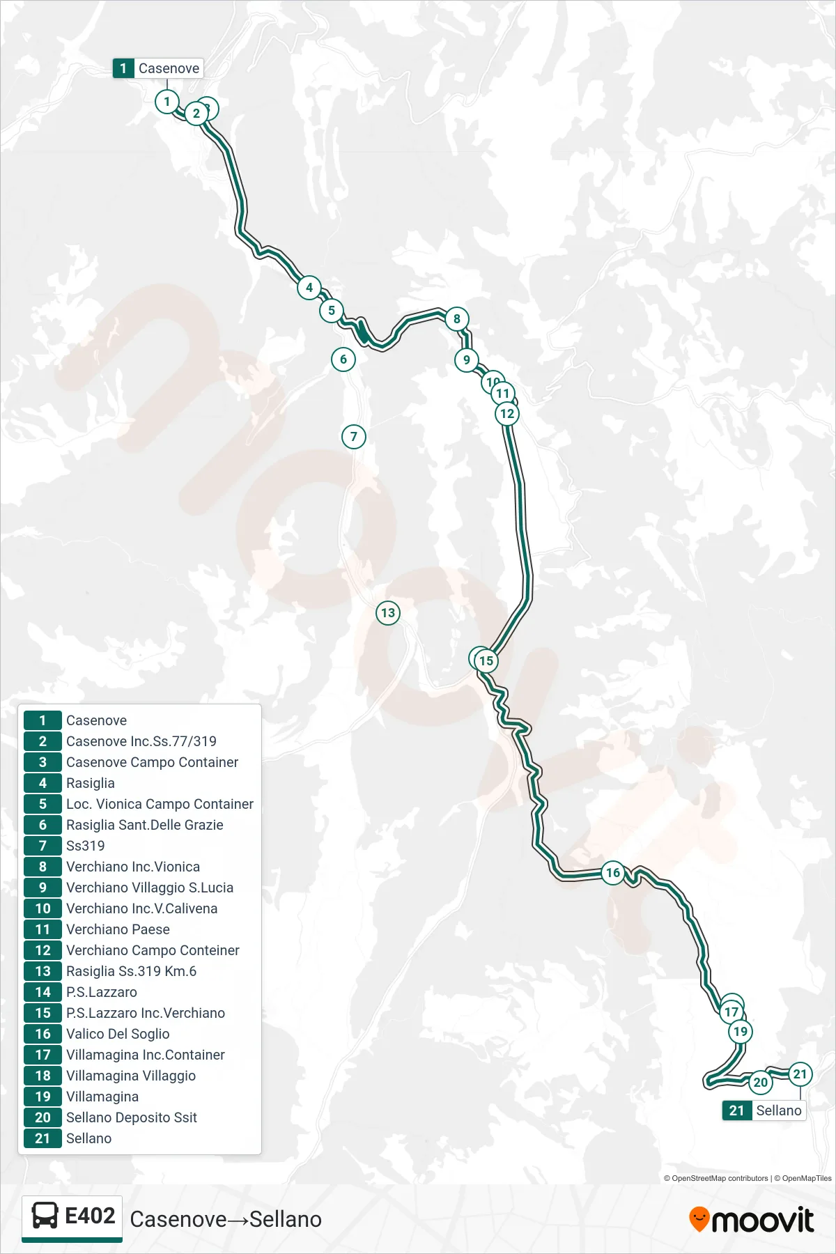 Linea E402  bus (Casenove‎→Sellano) - Percorsi e fermate sulla mappa