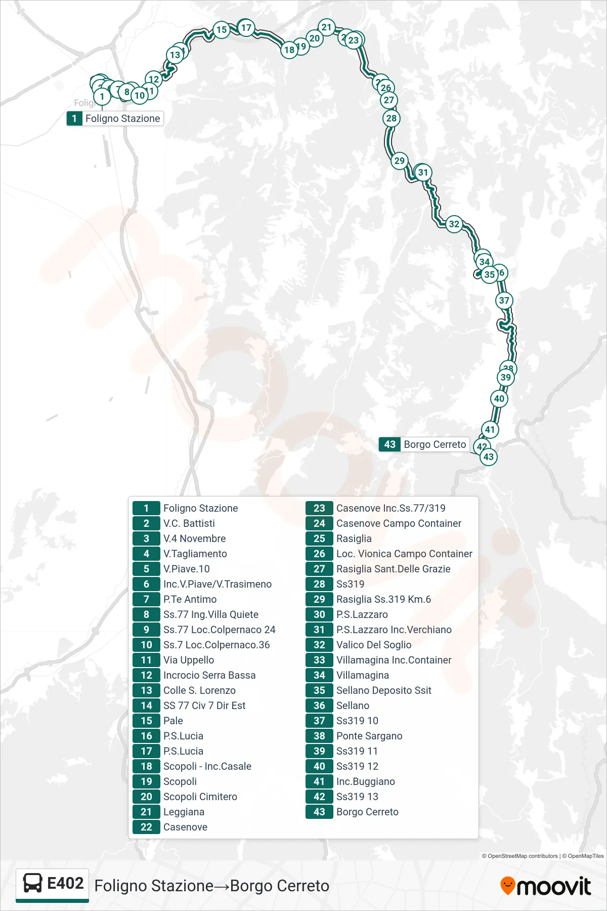 Linea E402  bus (Foligno Stazione‎→Borgo Cerreto) - Percorsi e fermate sulla mappa