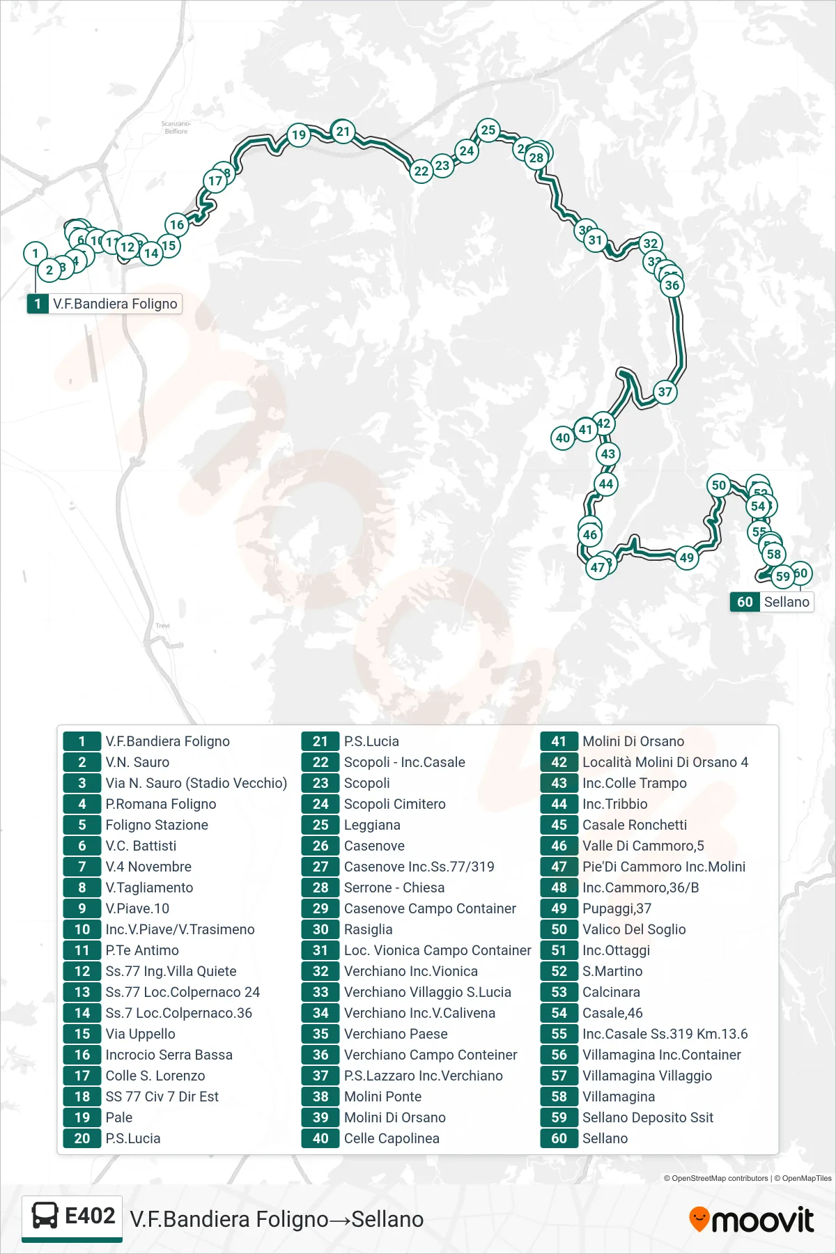 Linea E402  bus (V.F.Bandiera Foligno‎→Sellano) - Percorsi e fermate sulla mappa