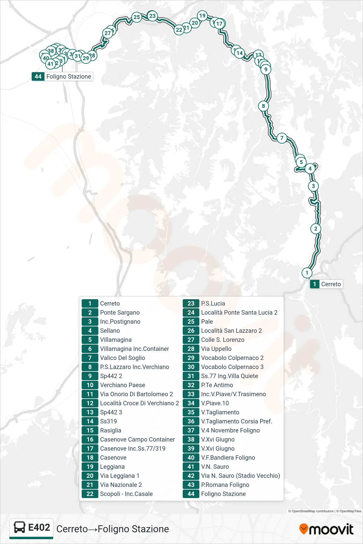 Linea E402  bus (Cerreto‎→Foligno Stazione) - Percorsi e fermate sulla mappa