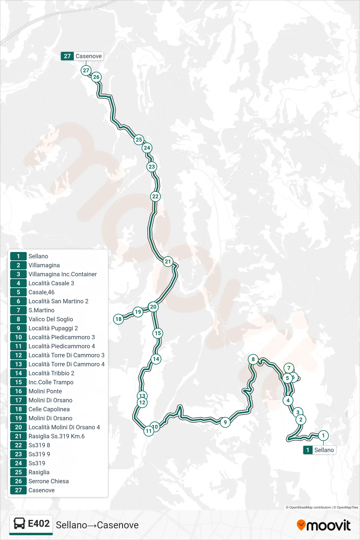Linea E402  bus (Sellano‎→Casenove) - Percorsi e fermate sulla mappa