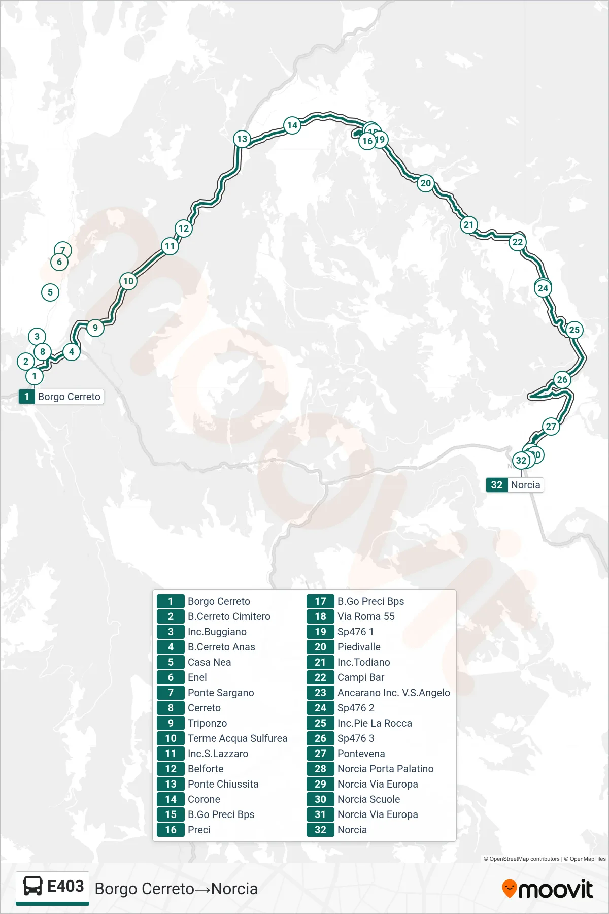 Linea E403 bus (Borgo Cerreto→Norcia) - Percorsi e fermate sulla mappa