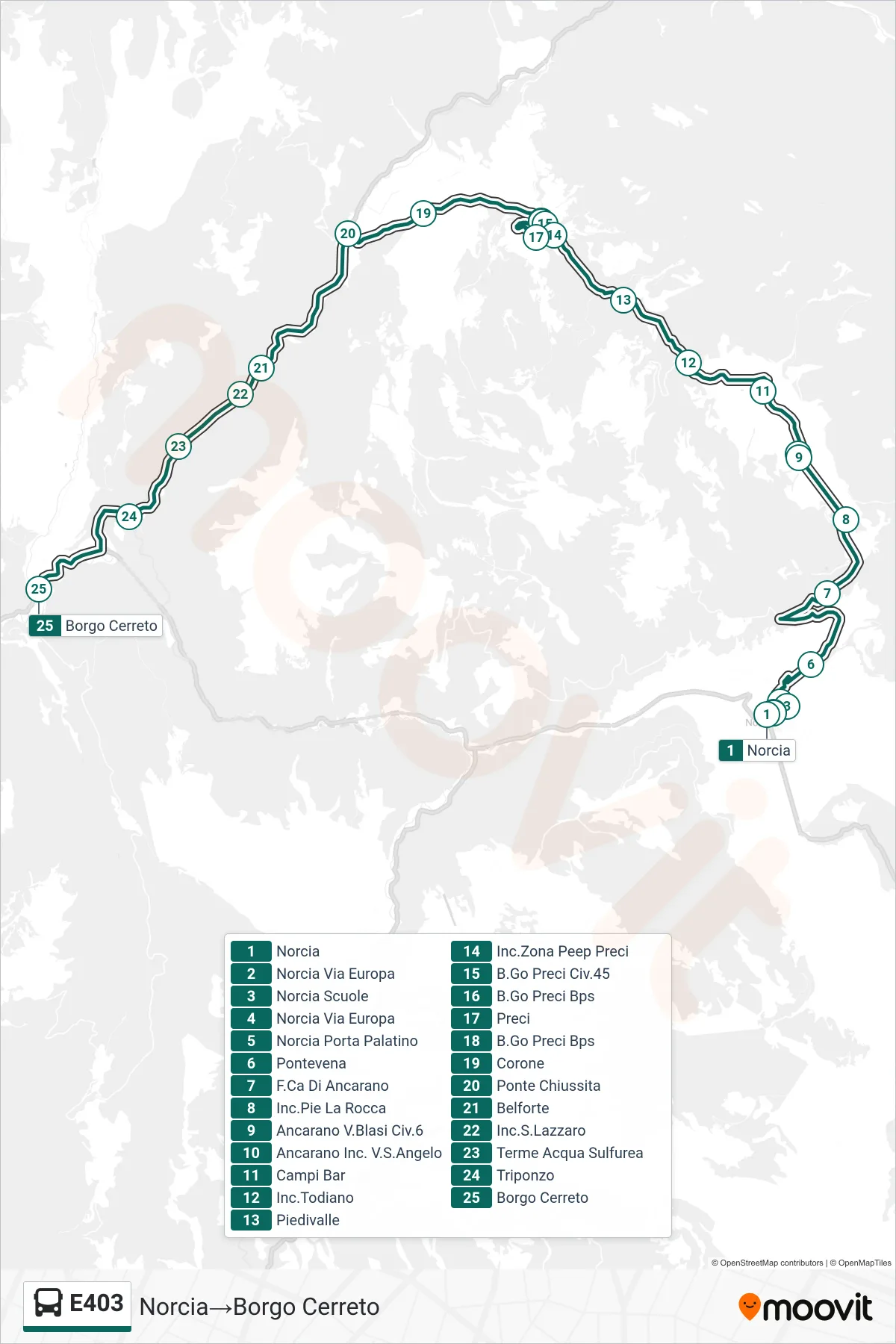 Linea E403  bus (Norcia‎→Borgo Cerreto) - Percorsi e fermate sulla mappa