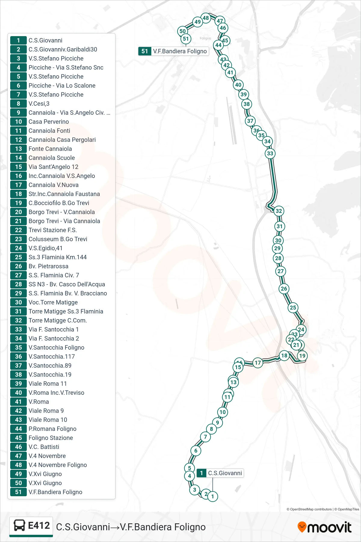 Linea E412  bus (C.S.Giovanni‎→V.F.Bandiera Foligno) - Percorsi e fermate sulla mappa