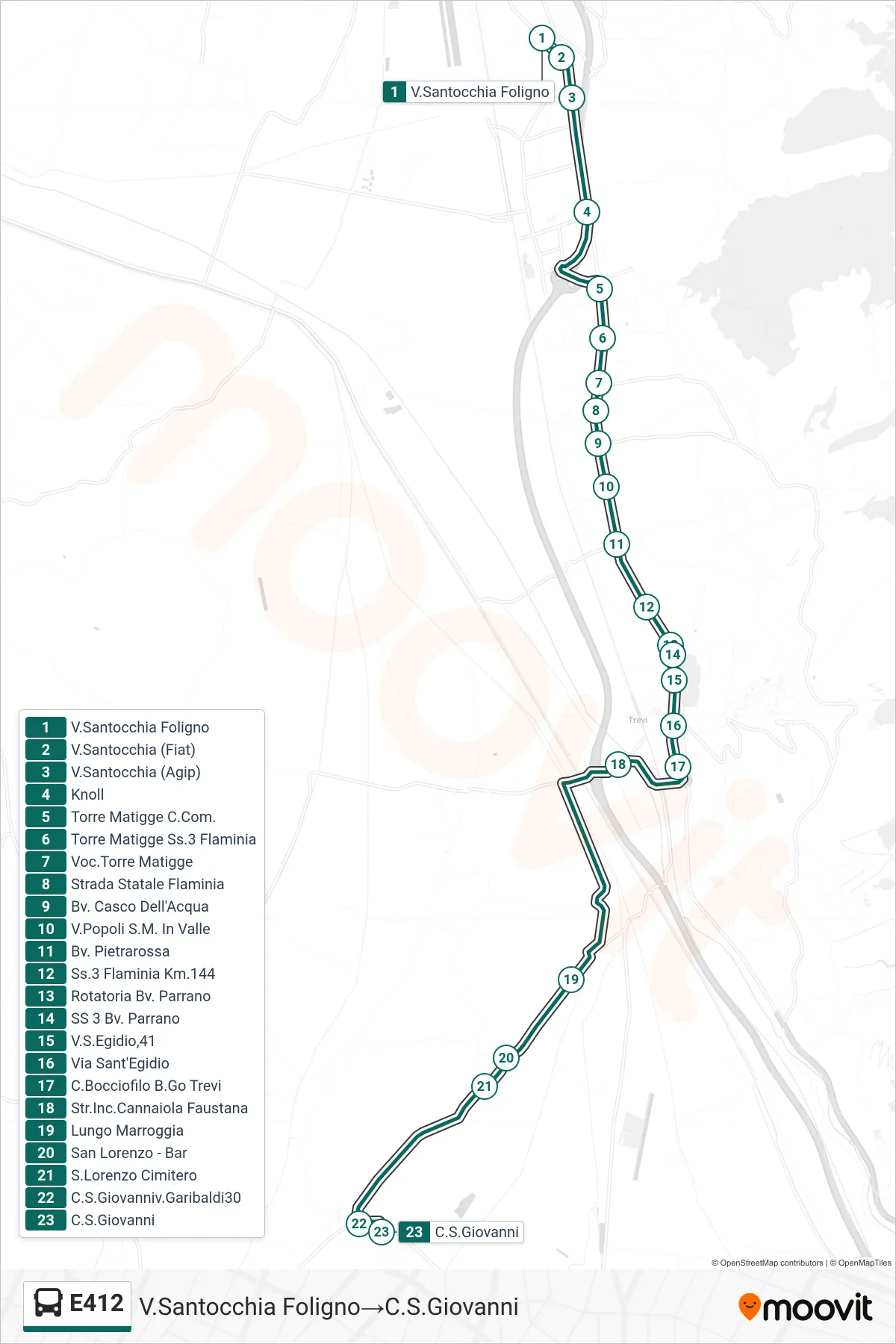 Linea E412 bus (V.Santocchia Foligno→C.S.Giovanni) - Percorsi e fermate sulla mappa